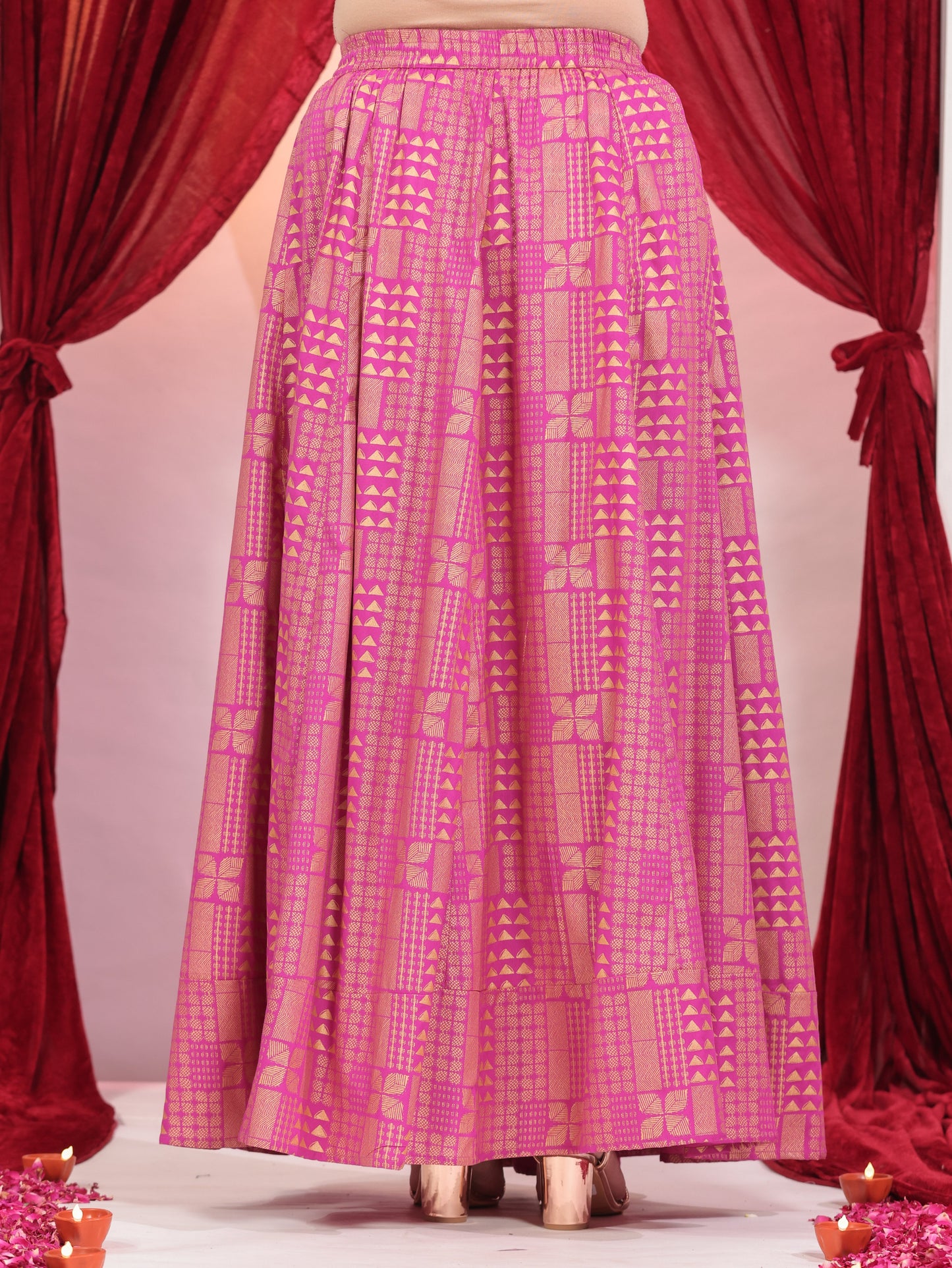 Viscose Gold foil Pink Skirt