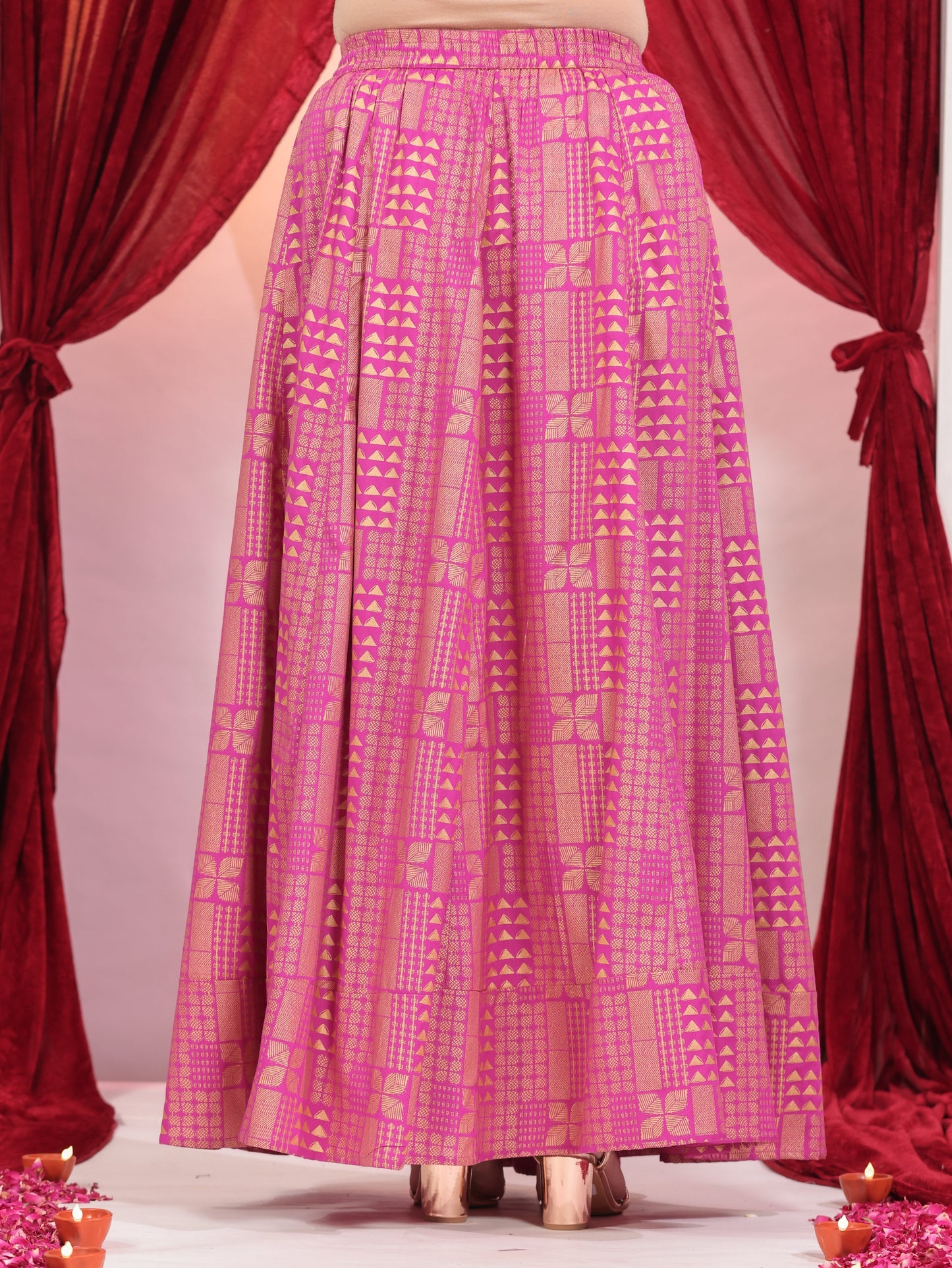 Viscose Gold foil Pink Skirt