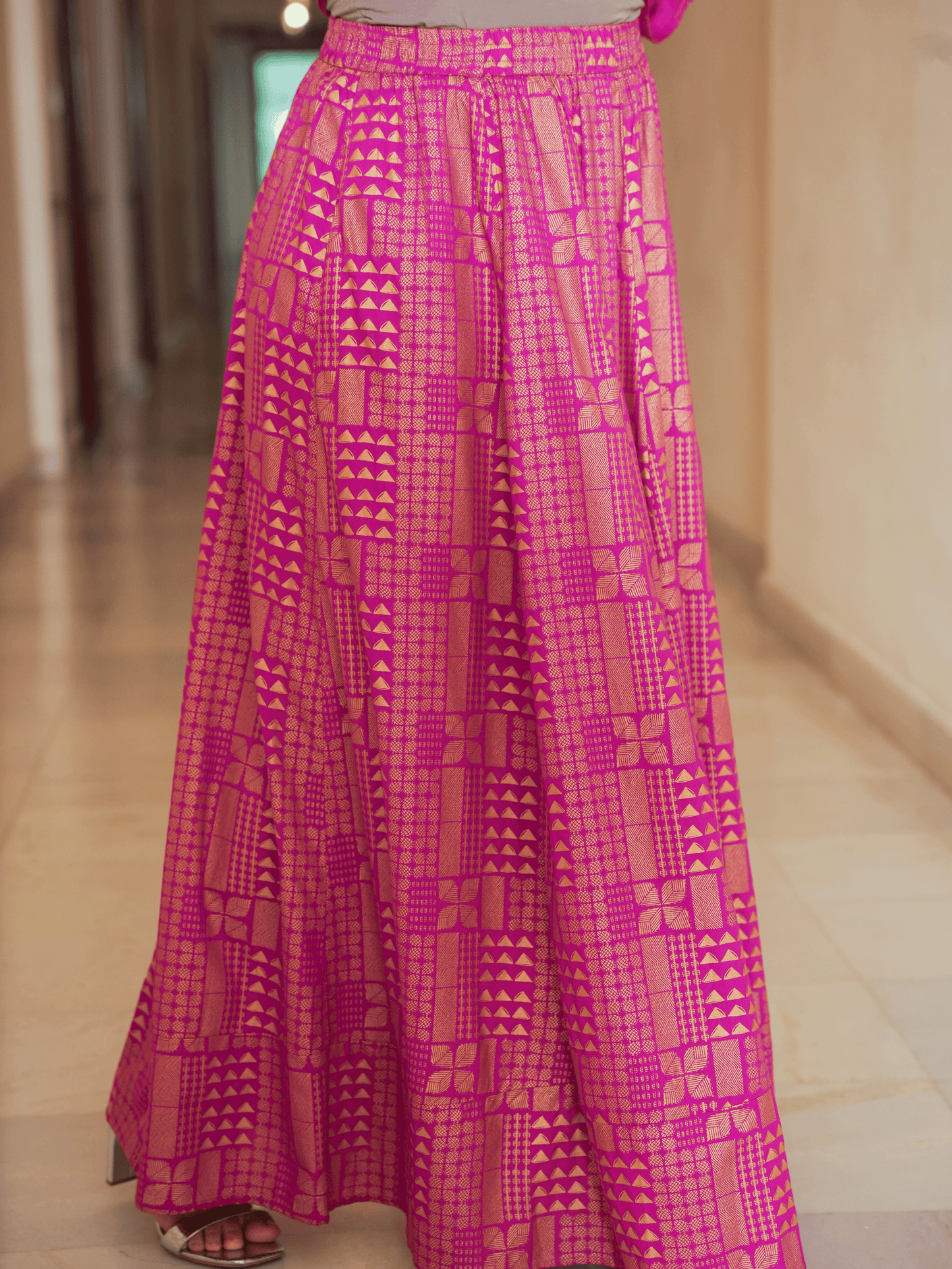 Viscose Gold foil Asymmetric Kaftan Pink Top
