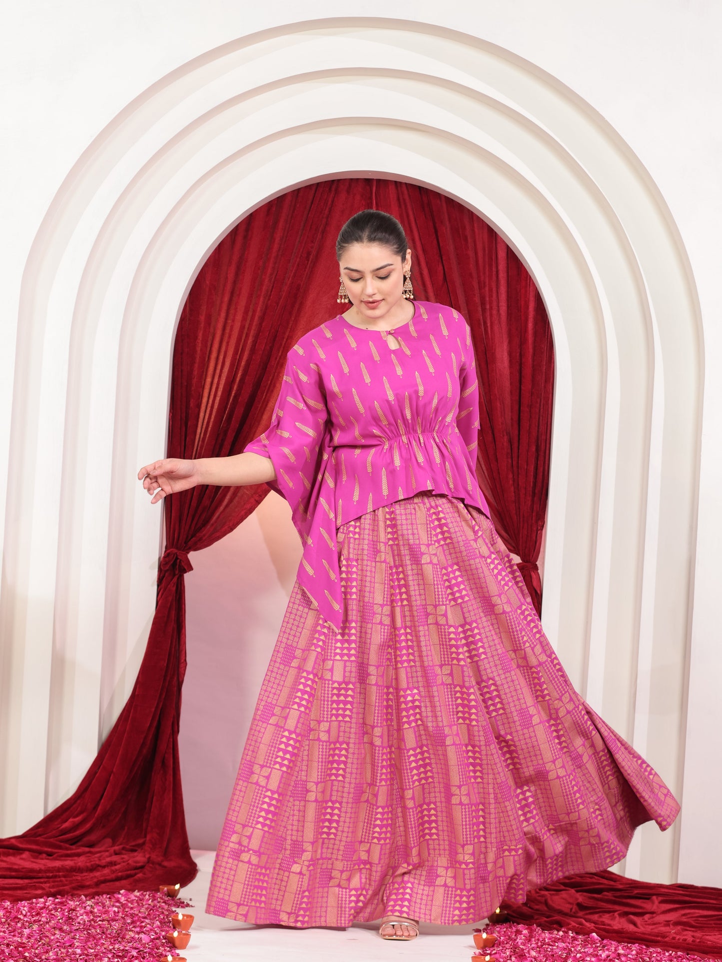 Viscose Gold foil Asymmetric Kaftan Pink Top