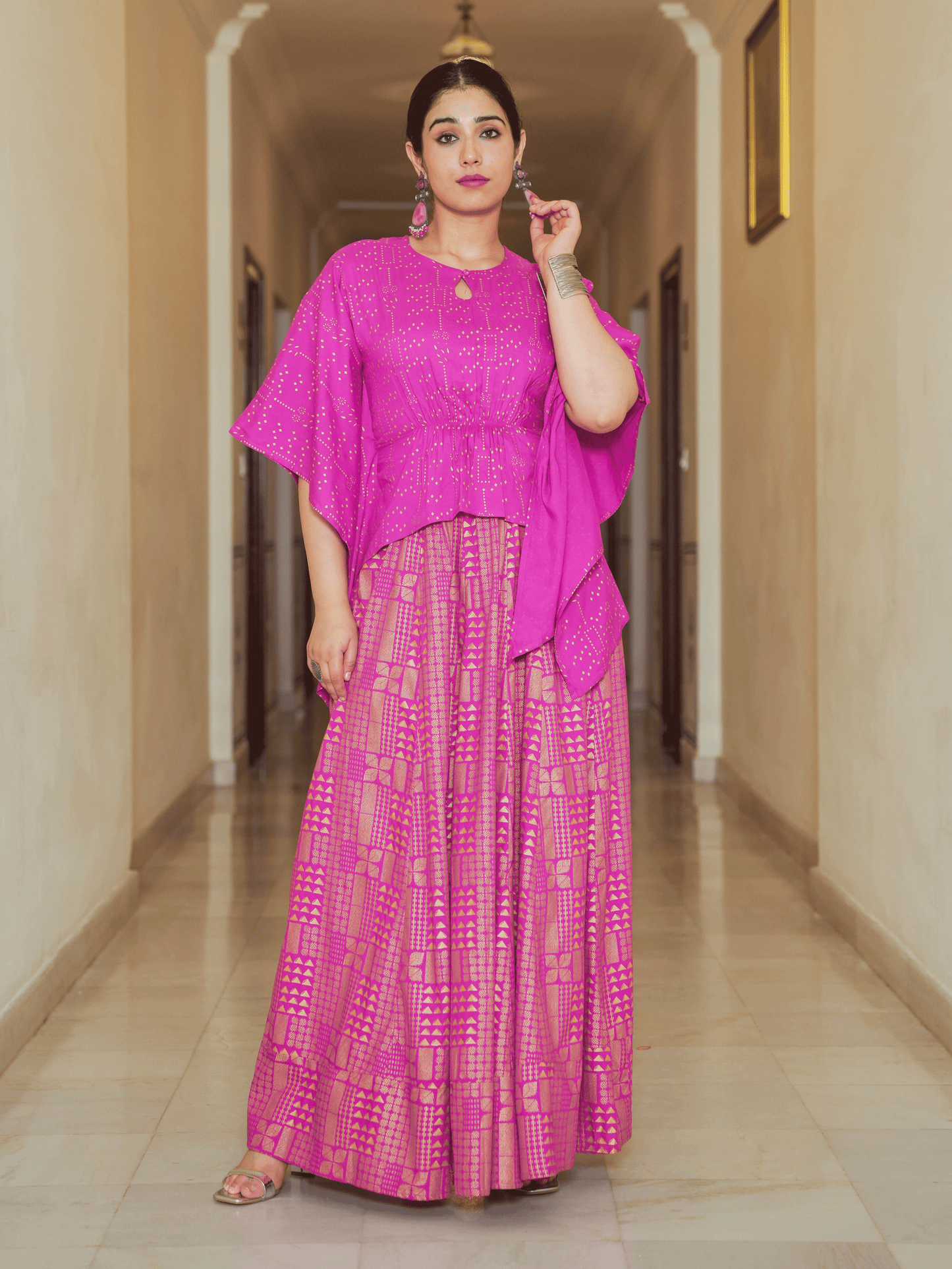 Viscose Gold foil Asymmetric Kaftan Pink Top