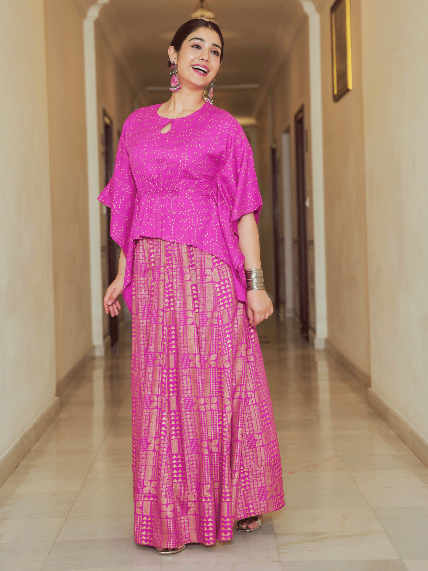 Viscose Gold foil Asymmetric Kaftan Pink Top