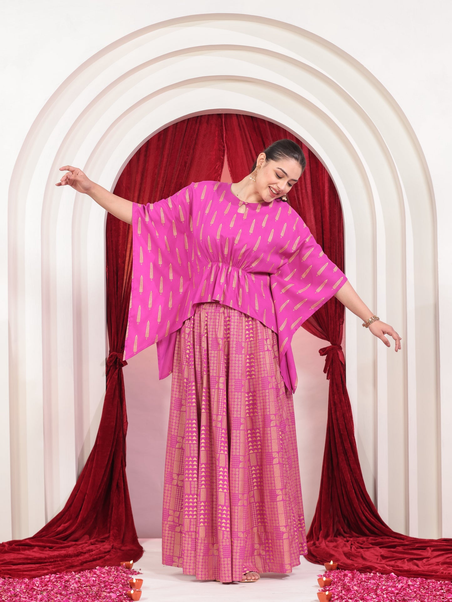 Viscose Gold foil Asymmetric Kaftan Pink Top
