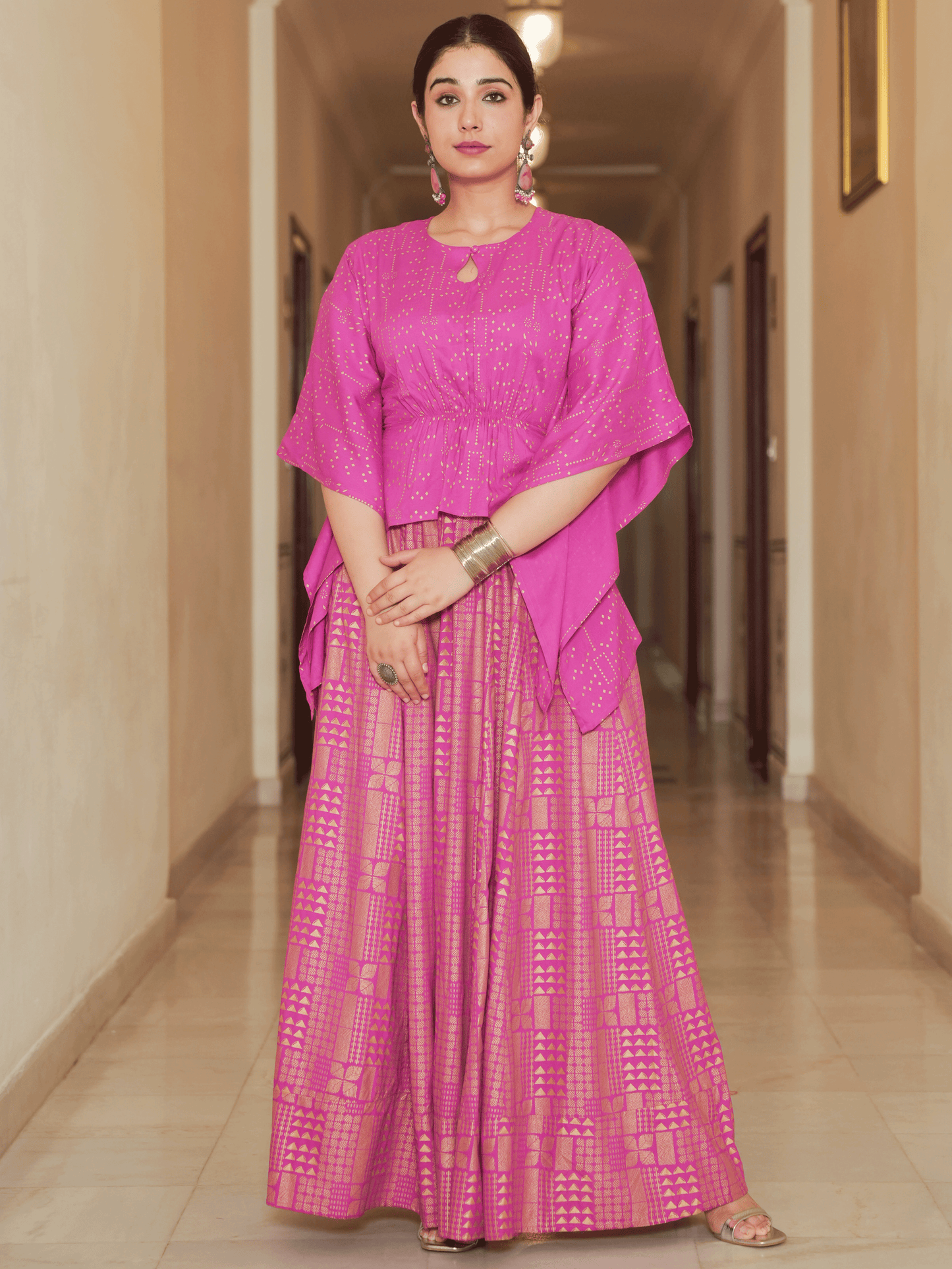 Viscose Gold foil Asymmetric Kaftan Pink Top