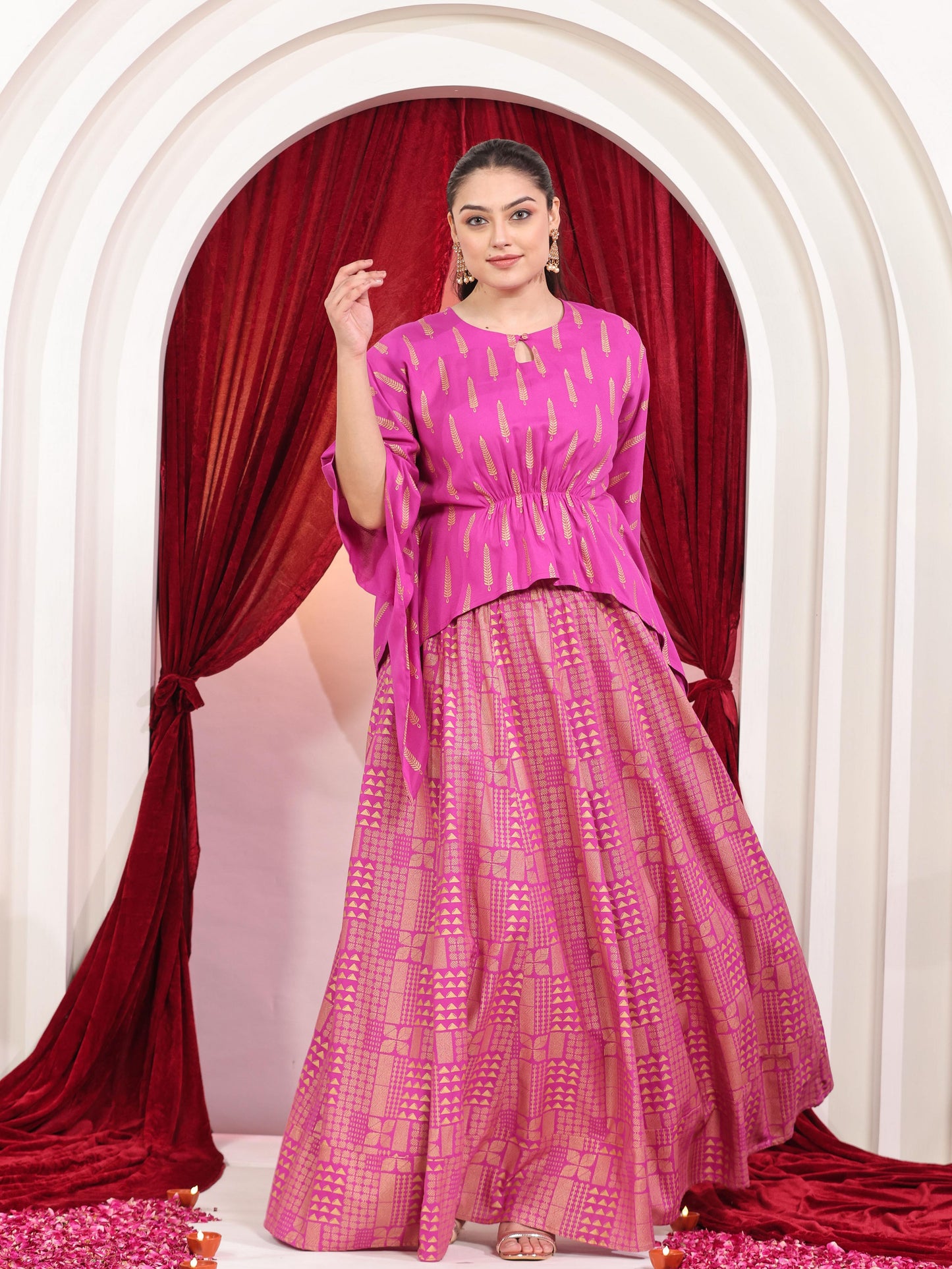 Viscose Gold foil Asymmetric Kaftan Pink Top
