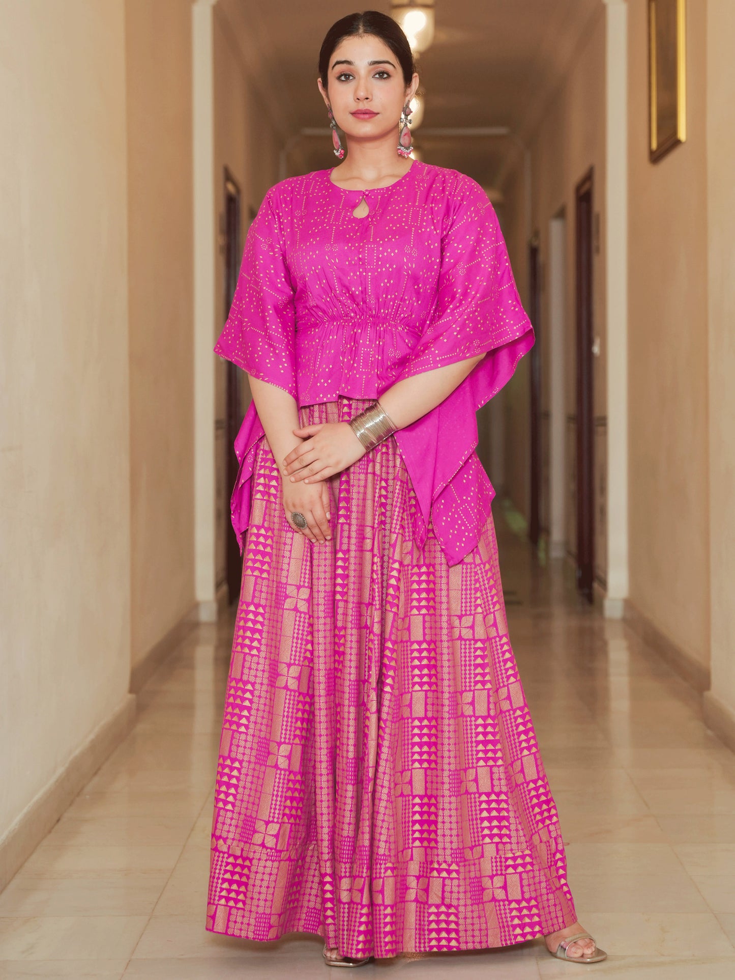 Viscose Gold foil Asymmetric Kaftan Pink Top