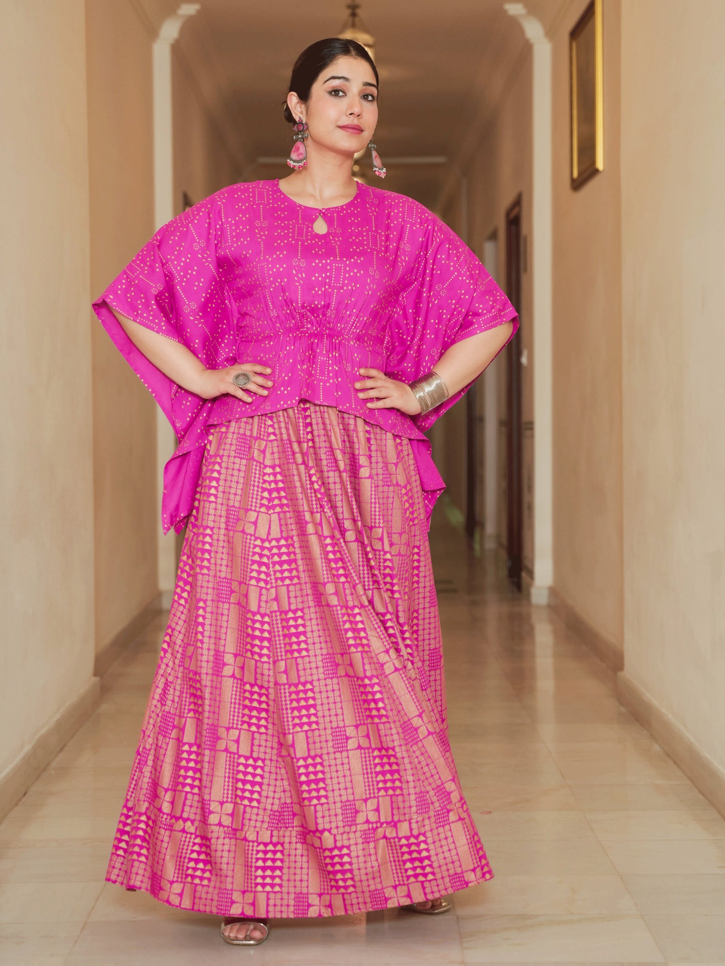 Viscose Gold foil Asymmetric Kaftan Pink Top