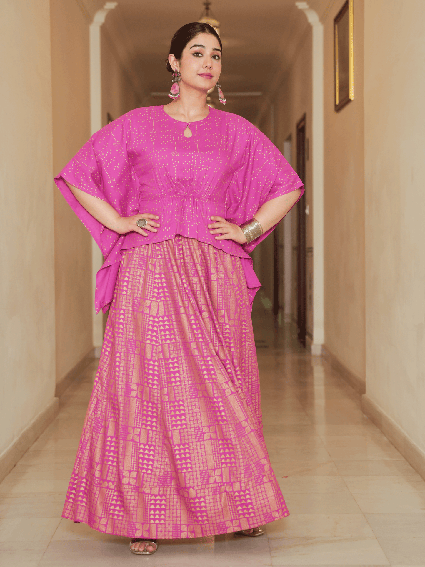 Viscose Gold foil Asymmetric Kaftan Pink Top