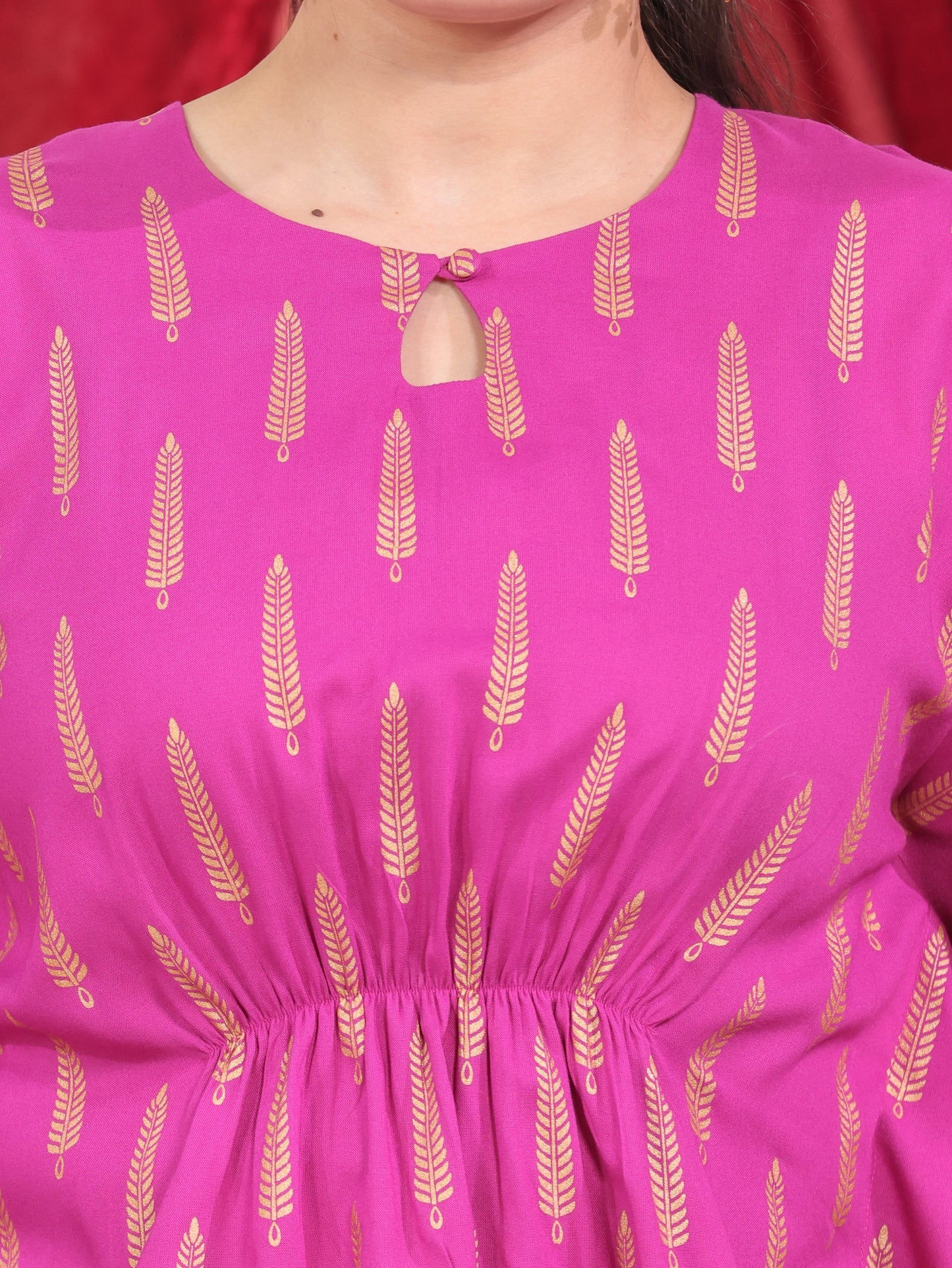 Viscose Gold foil Asymmetric Kaftan Pink Top