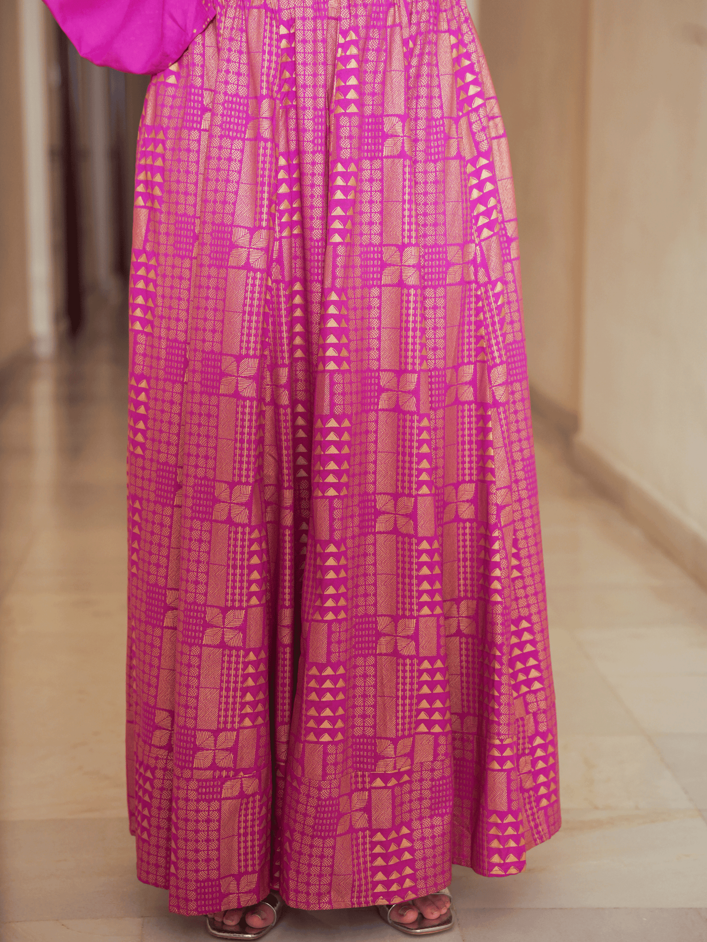 Viscose Gold foil Asymmetric Kaftan Pink Top