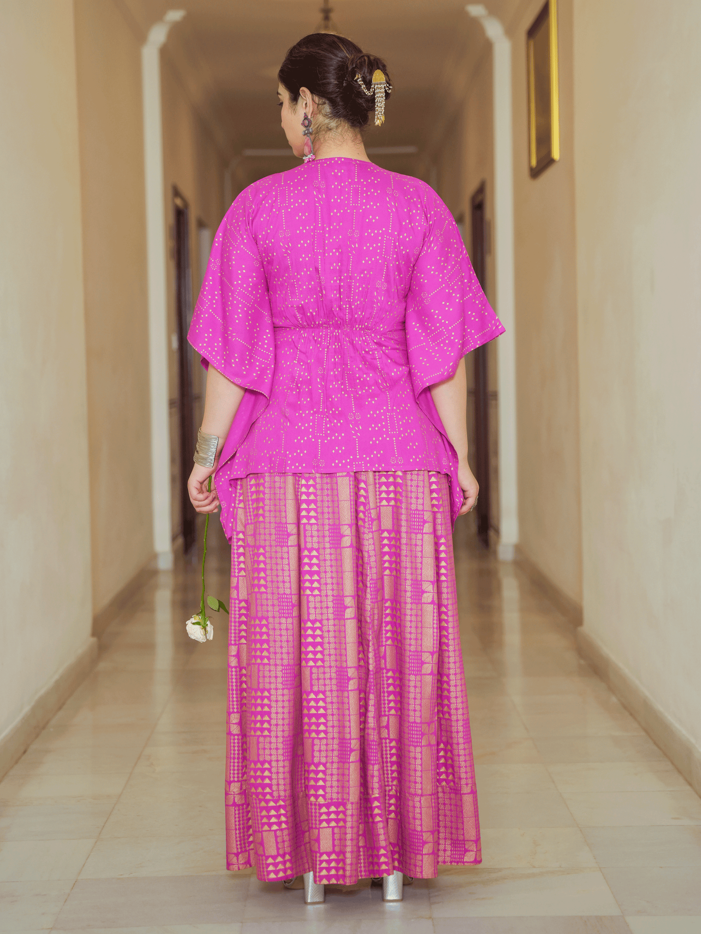 Viscose Gold foil Asymmetric Kaftan Pink Top
