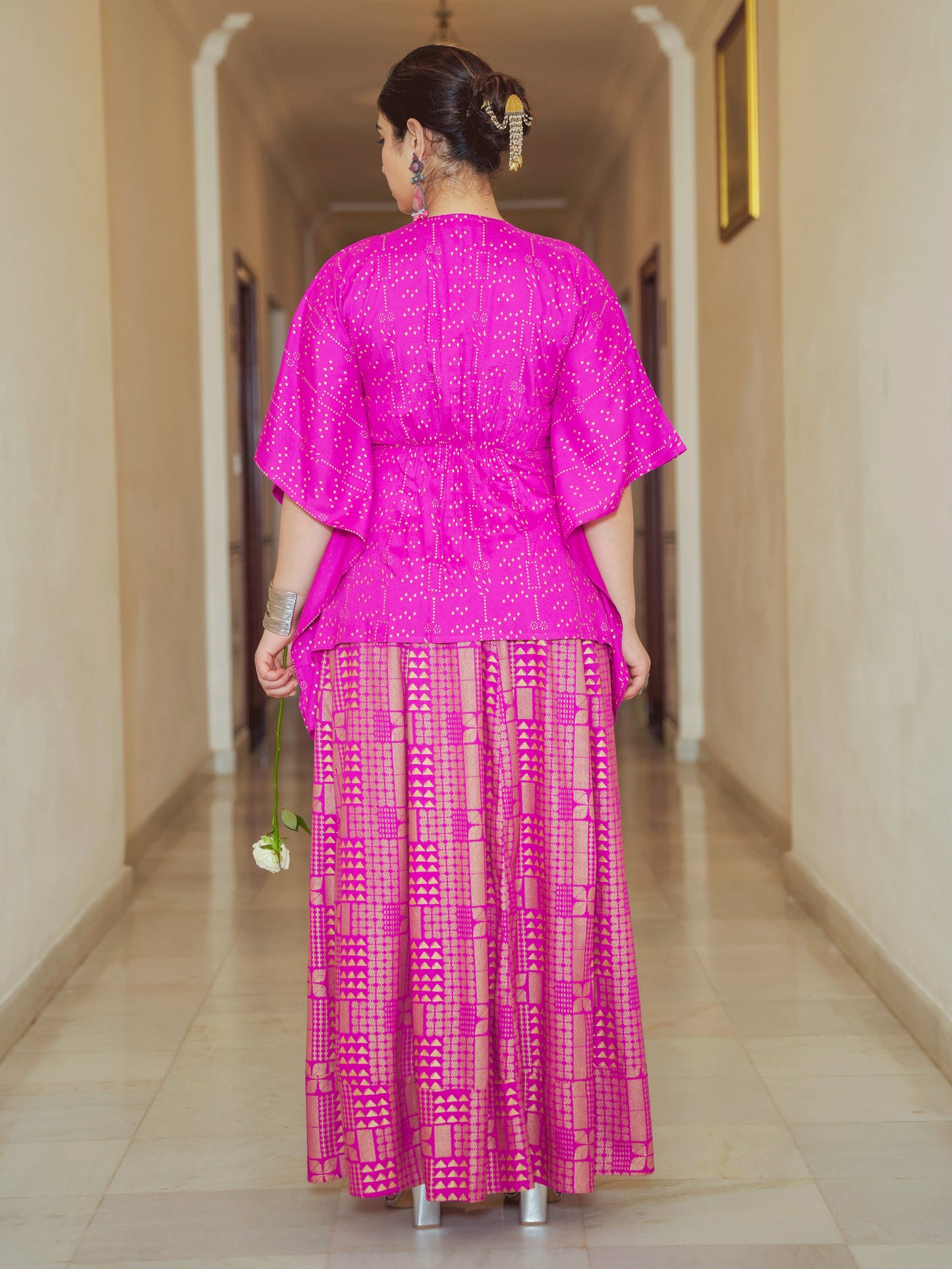 Viscose Gold foil Asymmetric Kaftan Pink Top