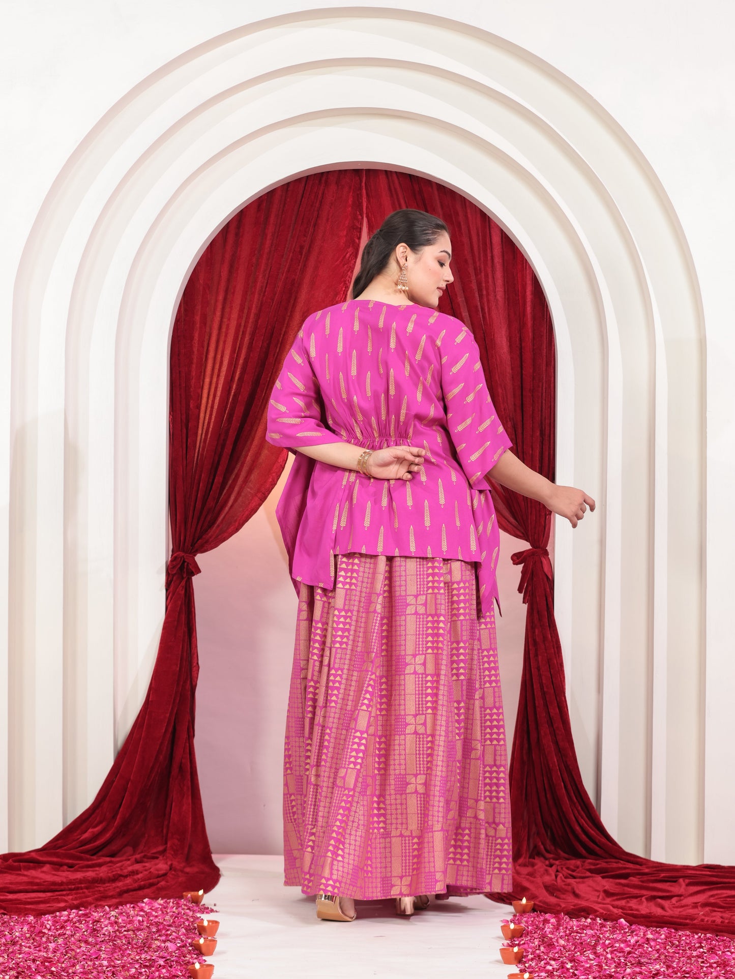 Viscose Gold foil Asymmetric Kaftan Pink Top
