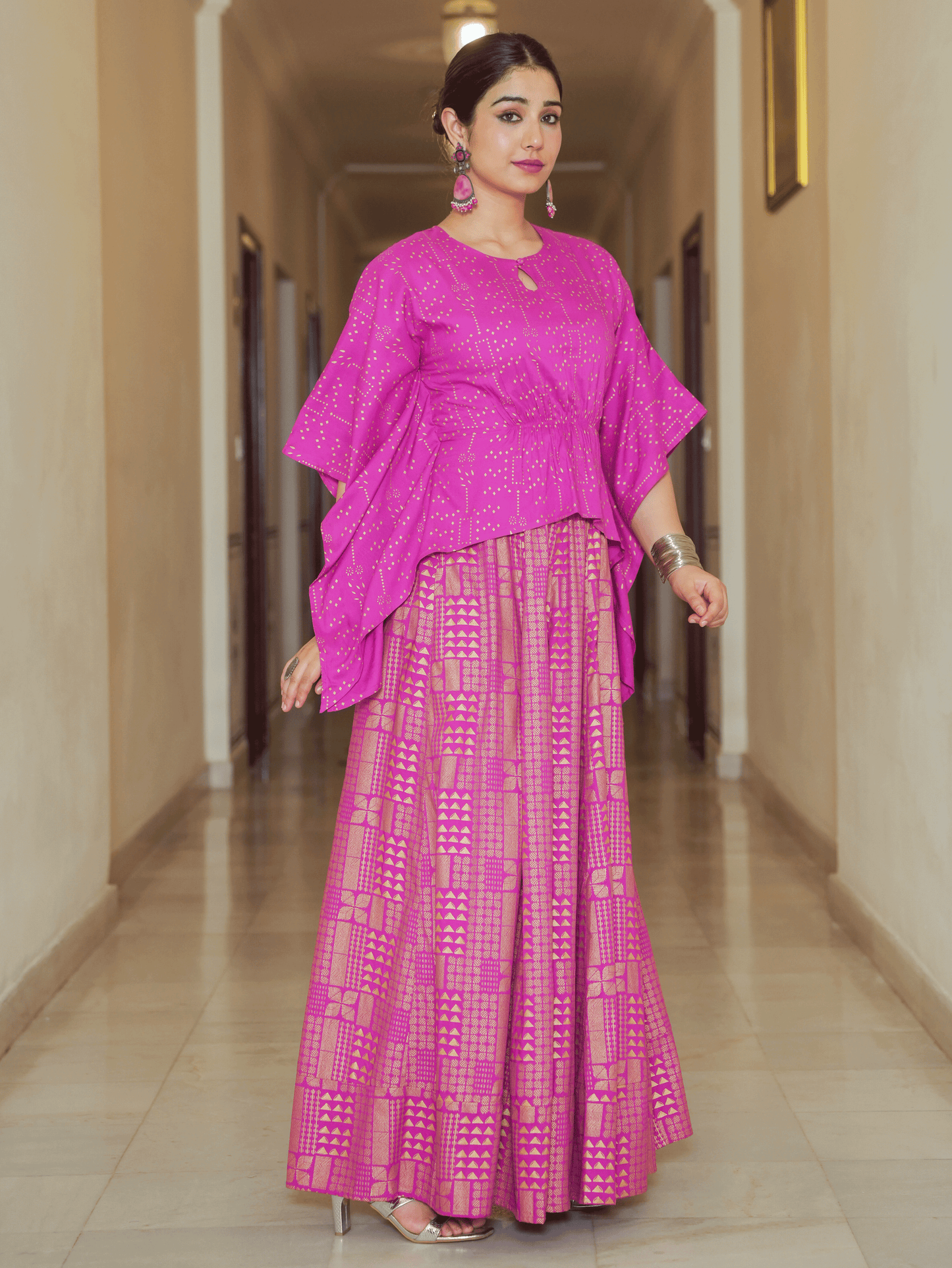 Viscose Gold foil Asymmetric Kaftan Pink Top