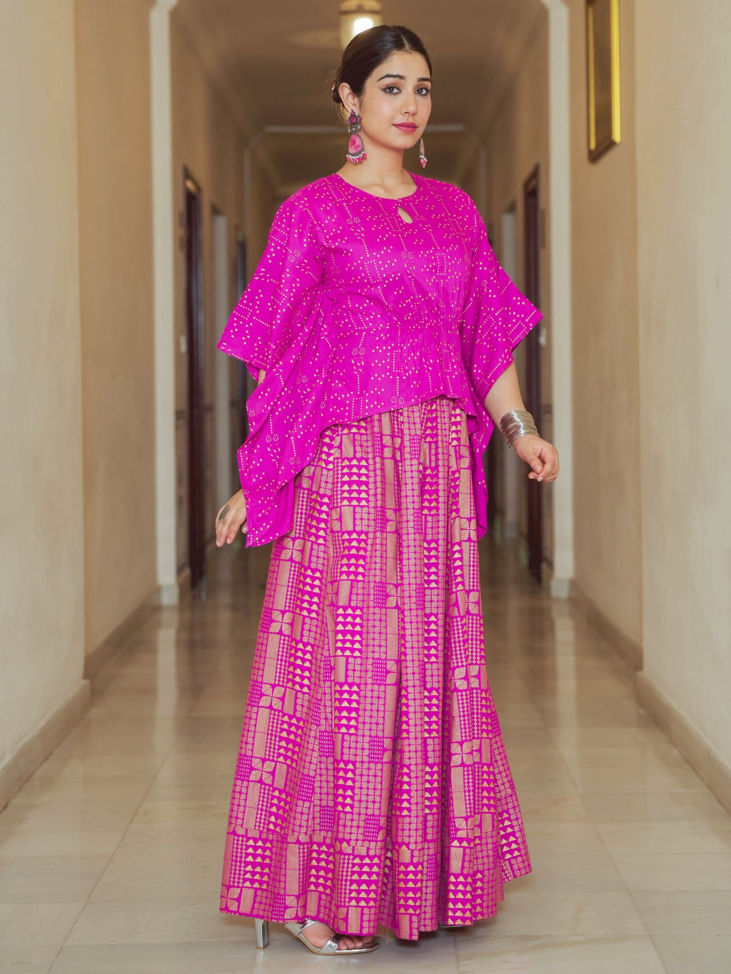 Viscose Gold foil Asymmetric Kaftan Pink Top