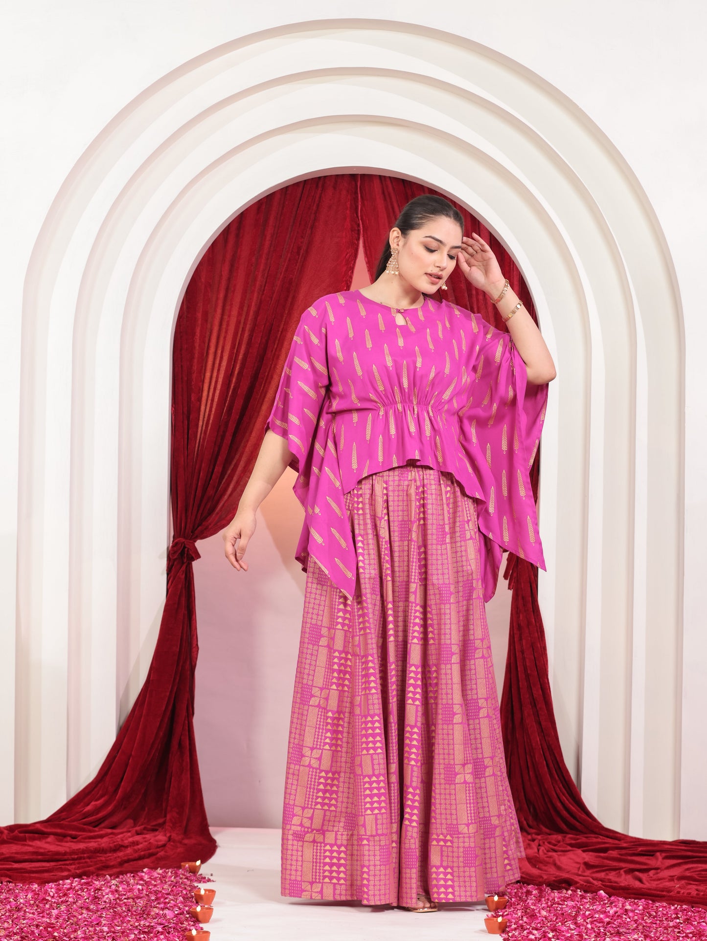 Viscose Gold foil Asymmetric Kaftan Pink Top