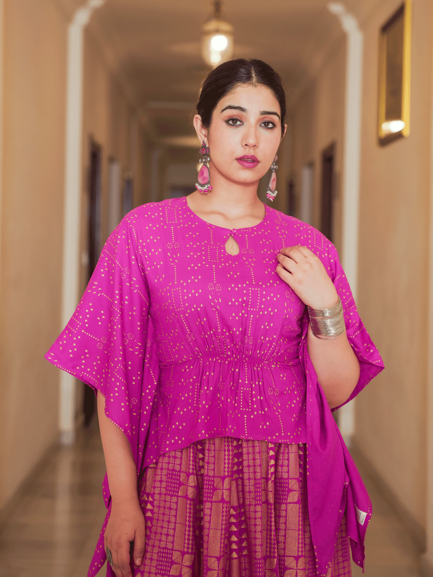 Viscose Gold foil Asymmetric Kaftan Pink Top