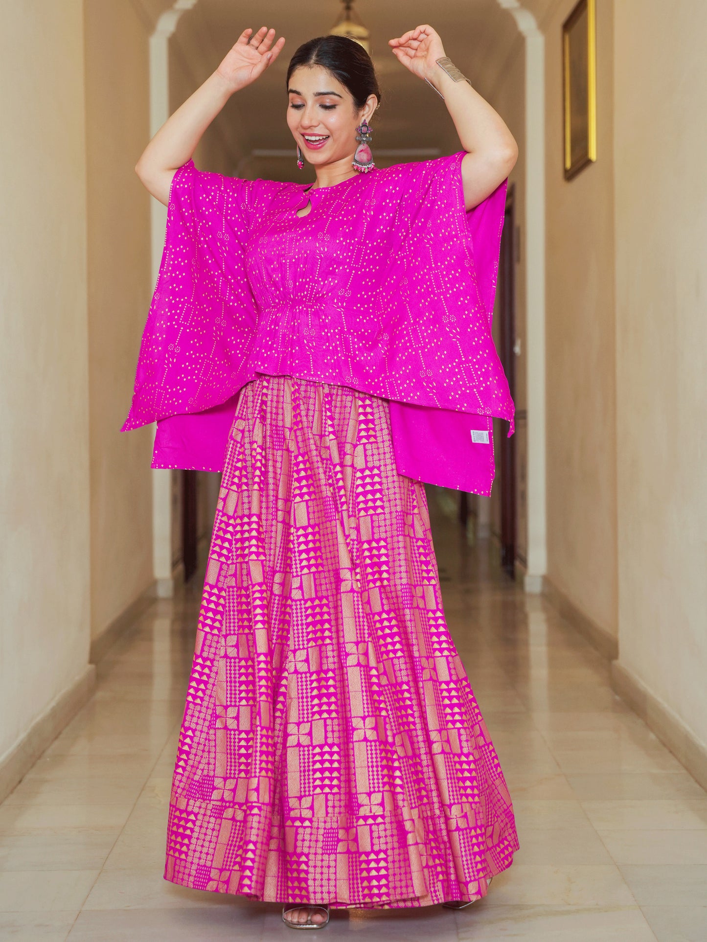 Viscose Gold foil Asymmetric Kaftan Pink Top