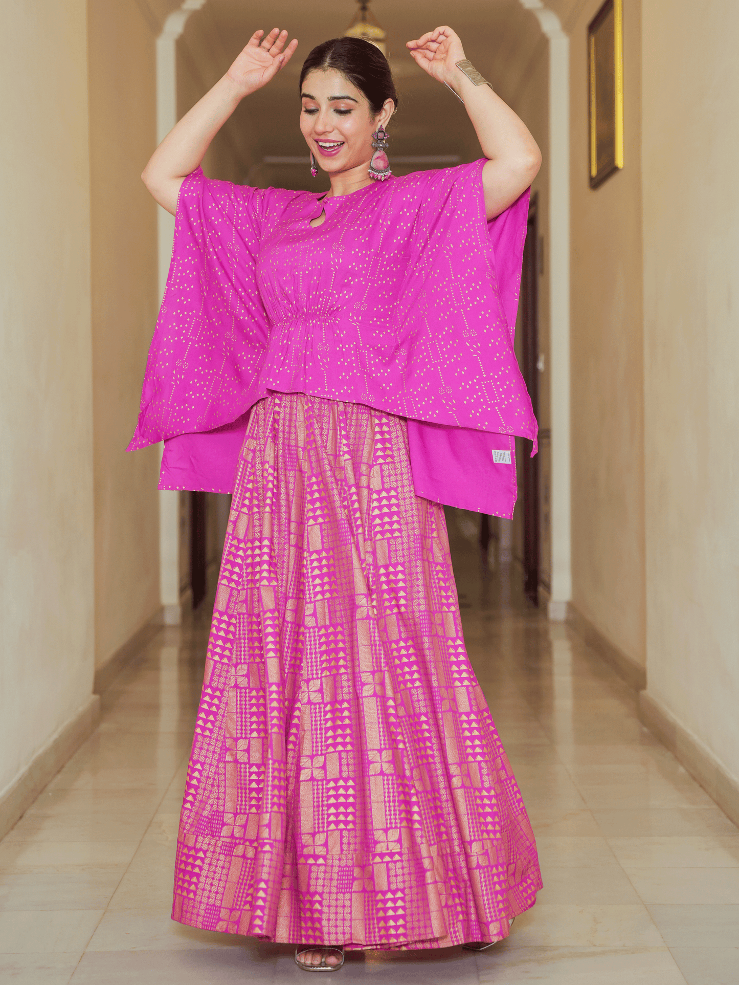 Viscose Gold foil Asymmetric Kaftan Pink Top
