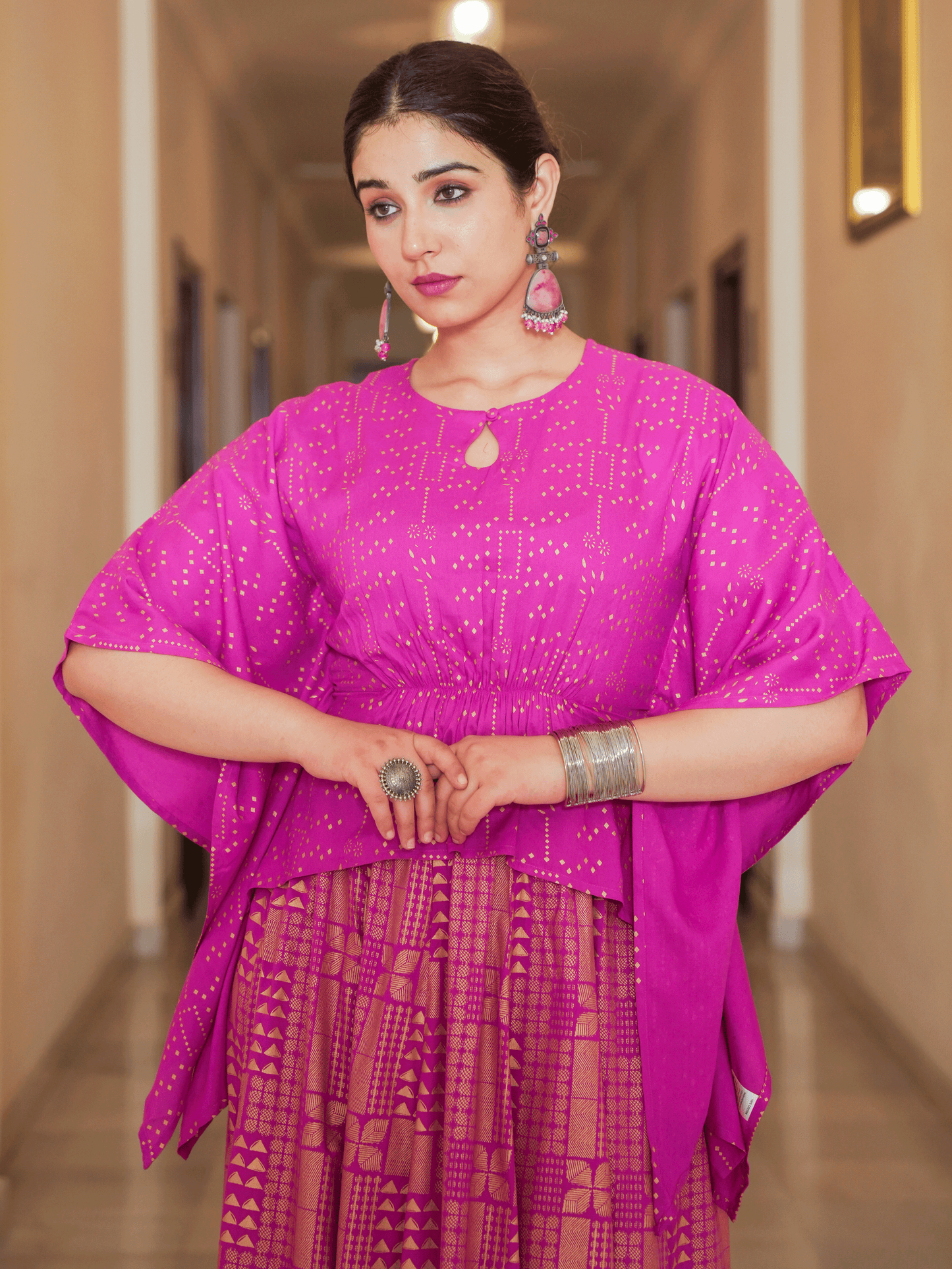 Viscose Gold foil Asymmetric Kaftan Pink Top