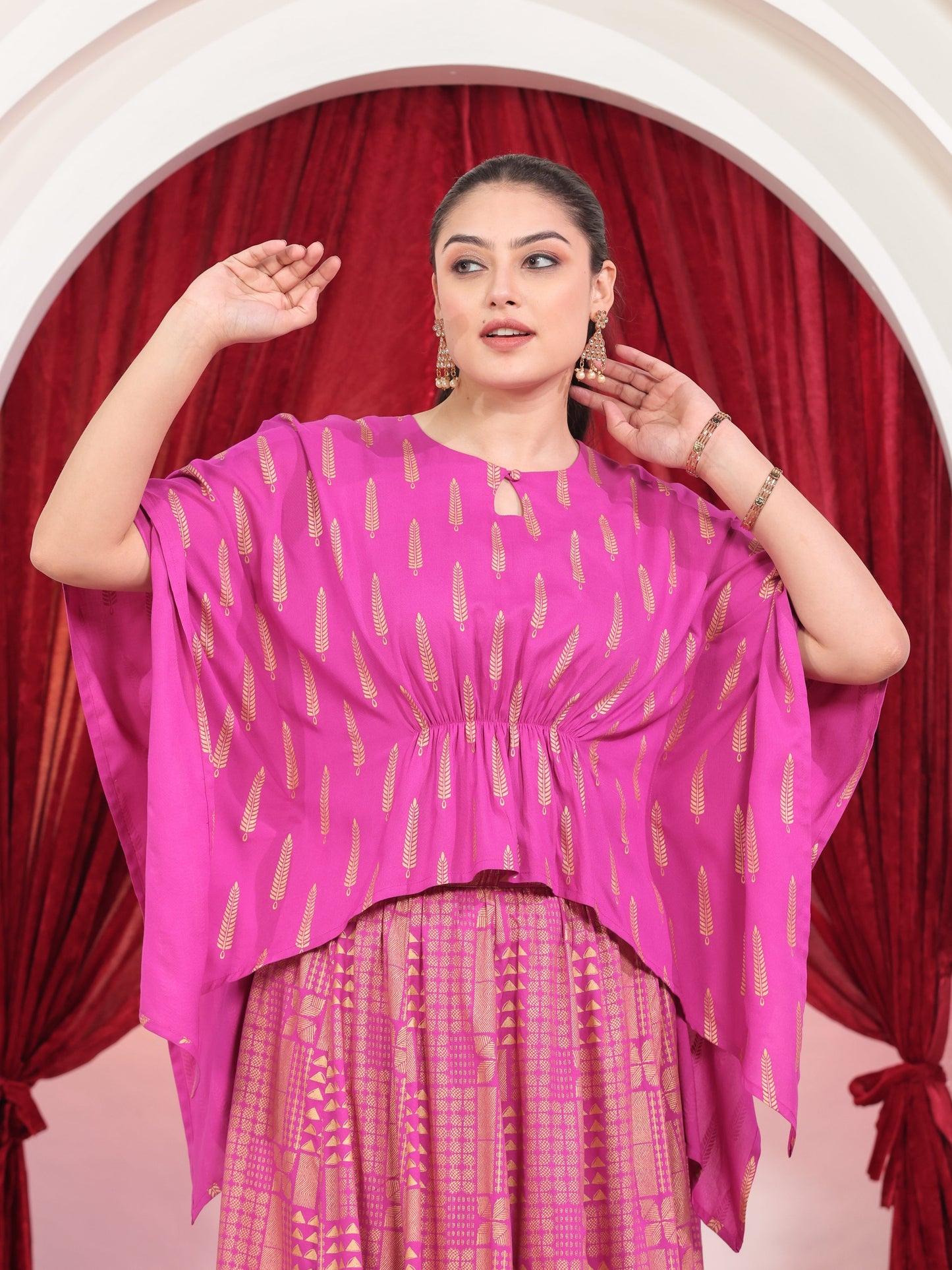 Viscose Gold foil Asymmetric Kaftan Pink Top