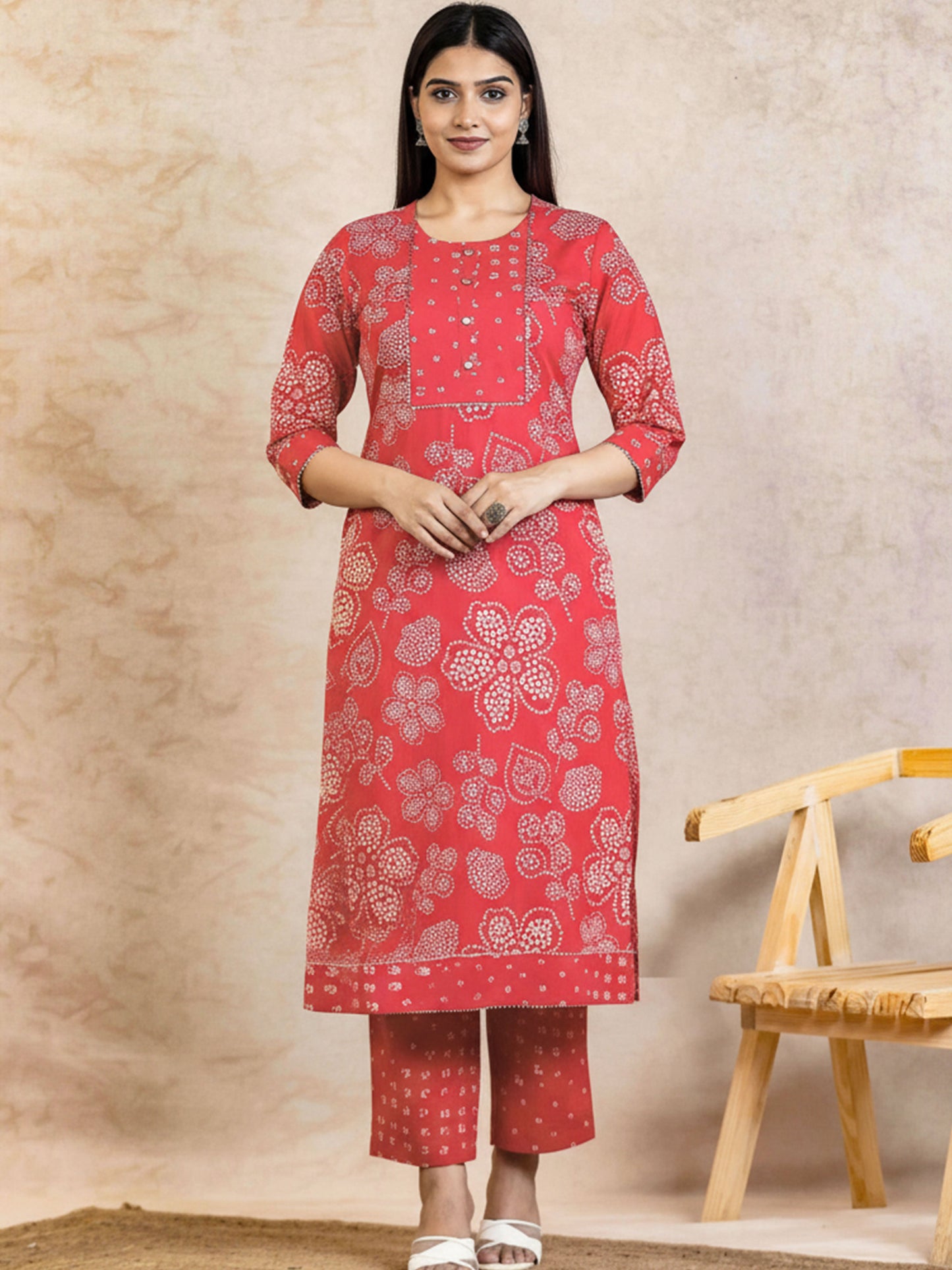 Soft Cotton Bandhani Straight Orange Kurta