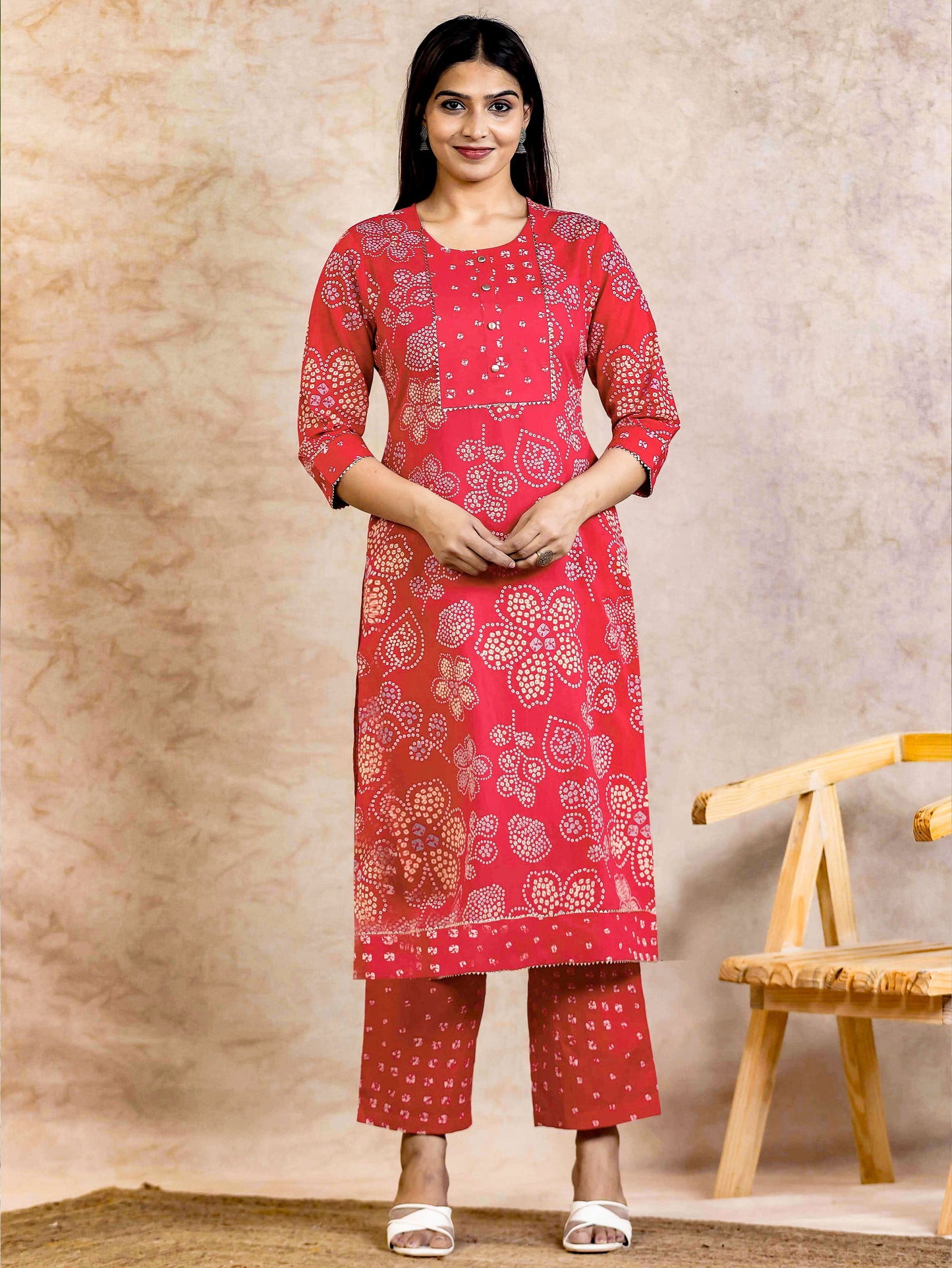 Soft Cotton Bandhani Straight Orange Kurta