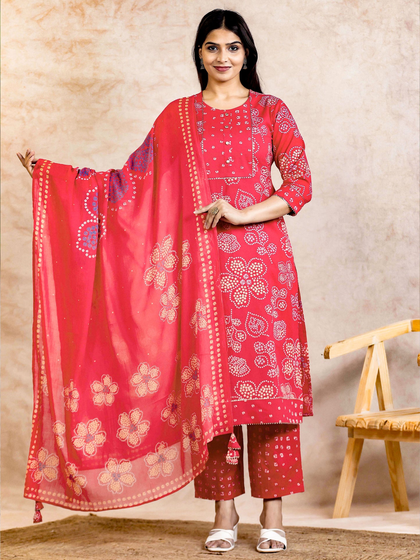 Soft Cotton Bandhani Straight Orange Kurta