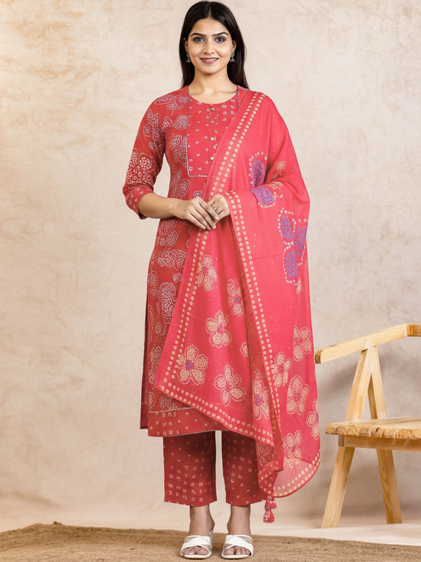 Soft Cotton Bandhani Straight Orange Kurta