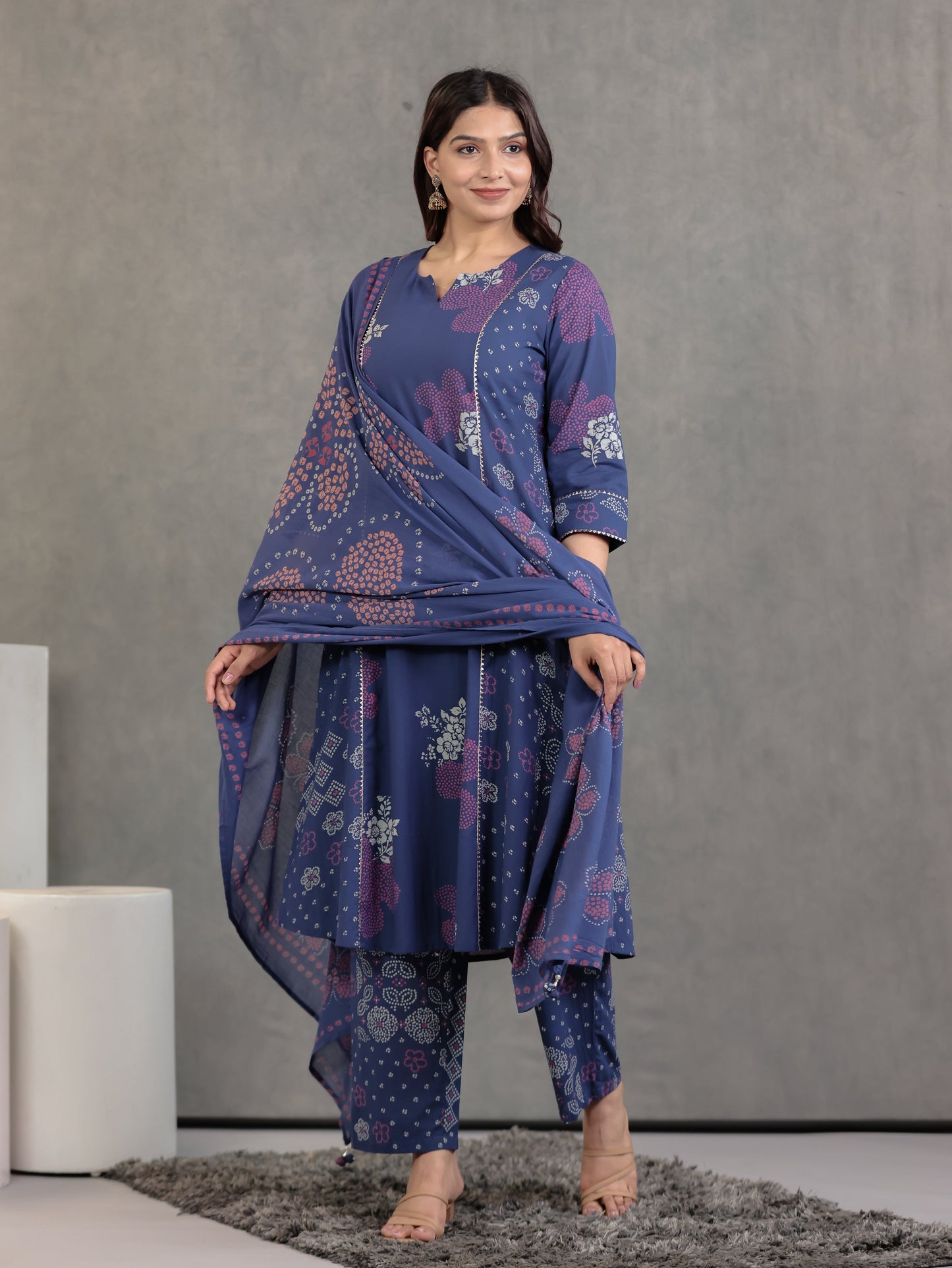 Soft Cotton Bandhani A-line Blue Kurta