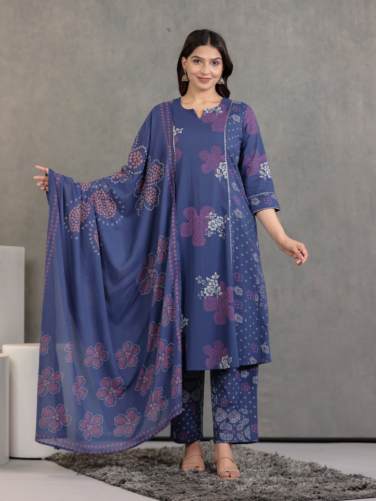 Soft Cotton Bandhani A-line Blue Kurta