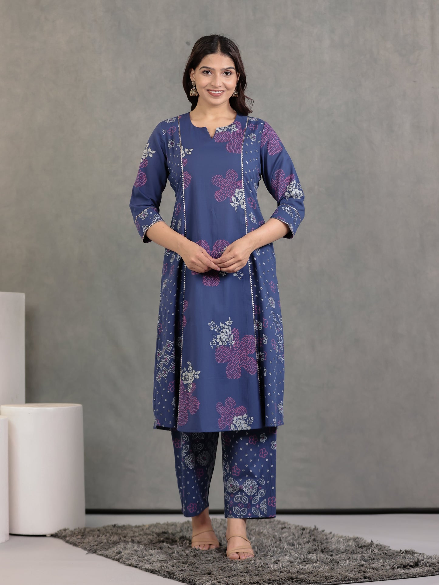 Soft Cotton Bandhani A-line Blue Kurta