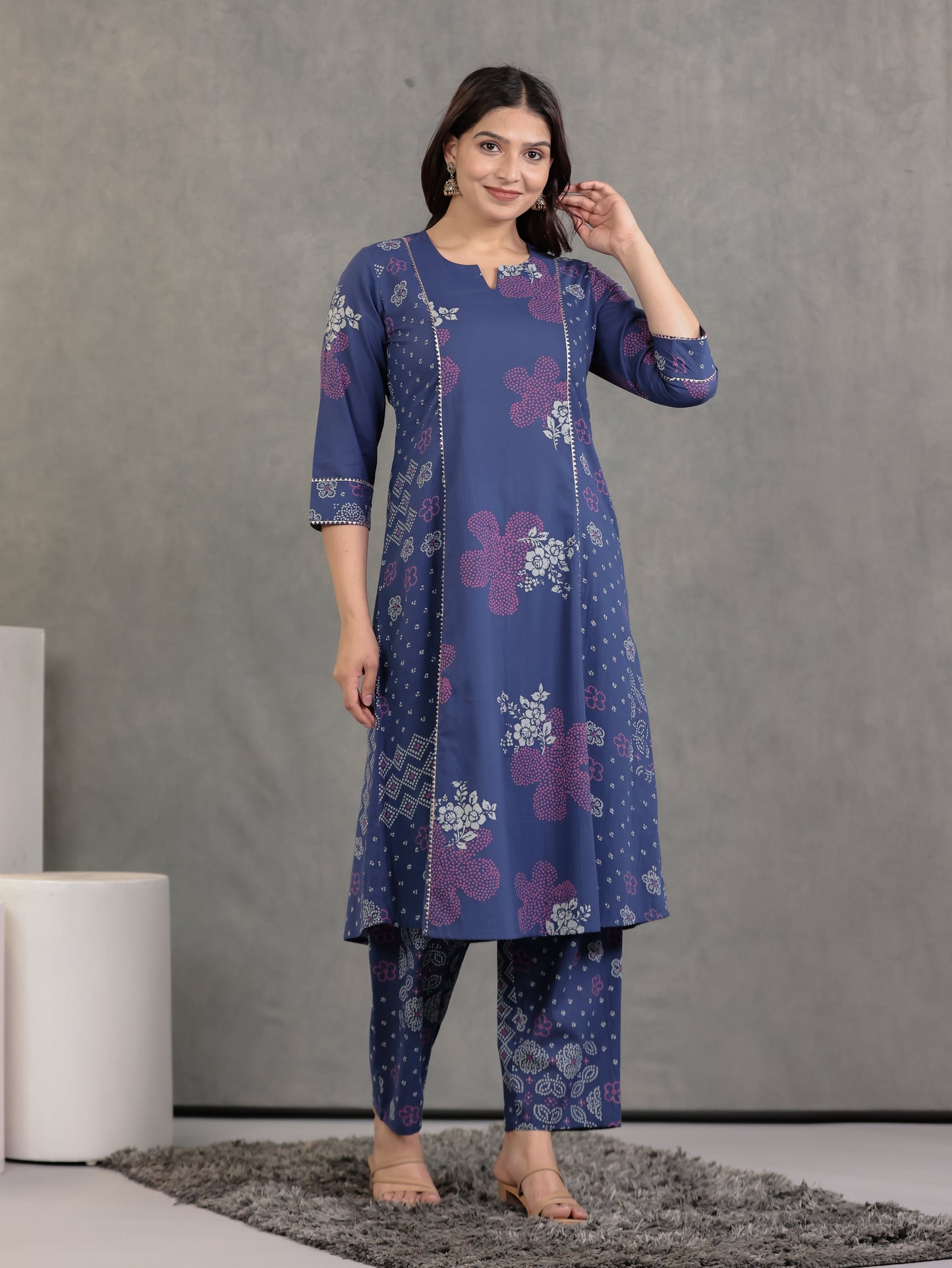 Soft Cotton Bandhani A-line Blue Kurta