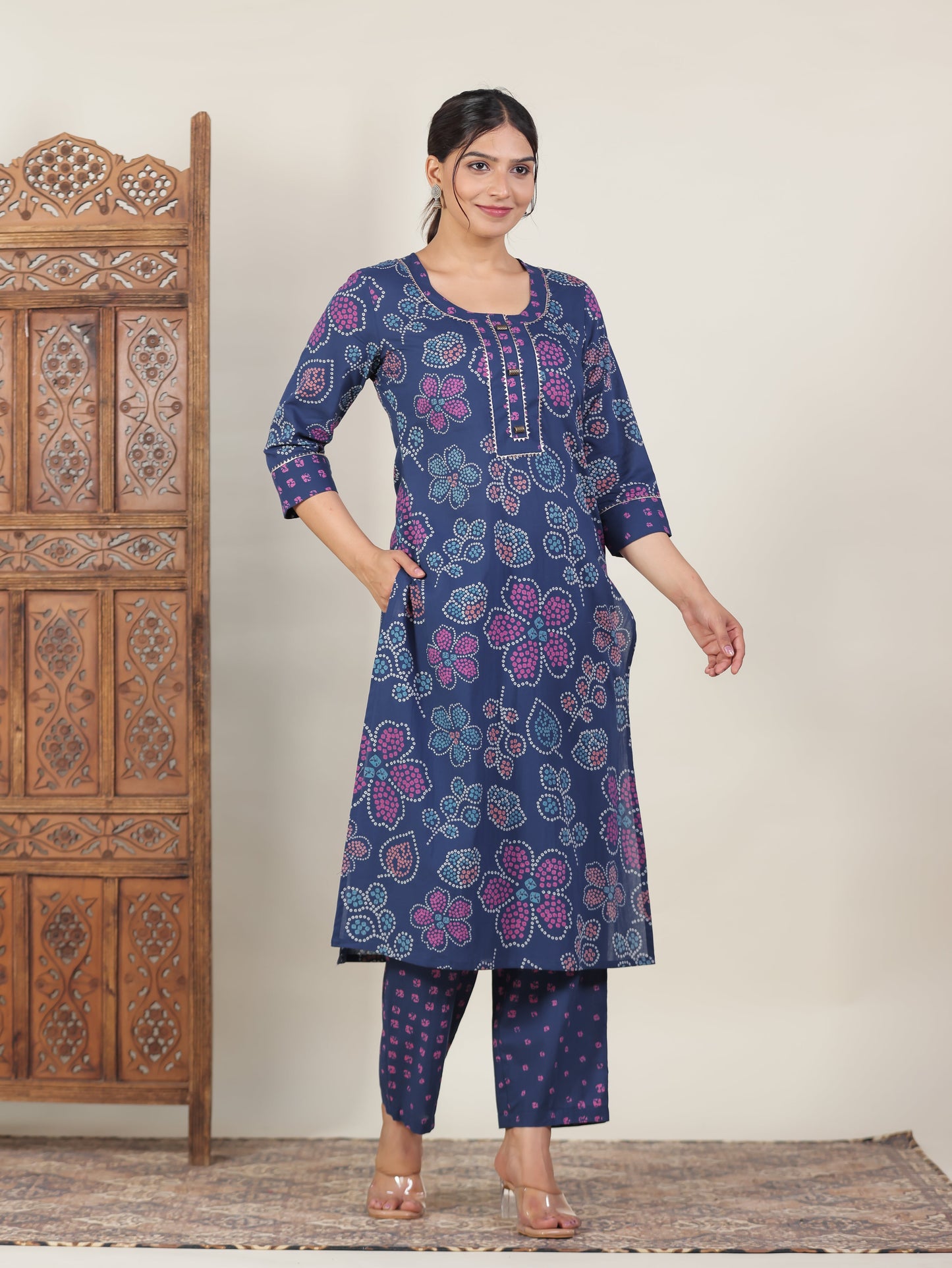 Soft Cotton Bandhani Straight Blue Kurta
