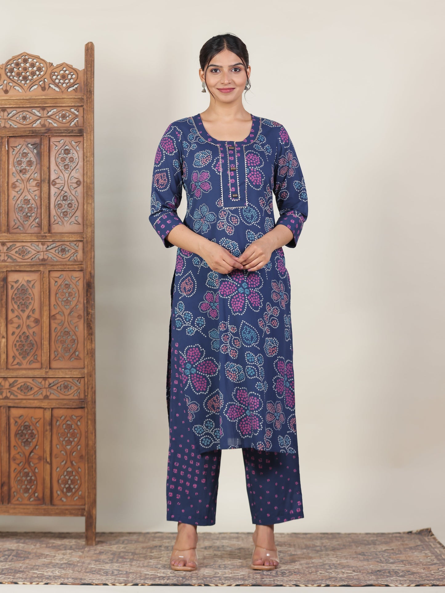 Soft Cotton Bandhani Straight Blue Kurta