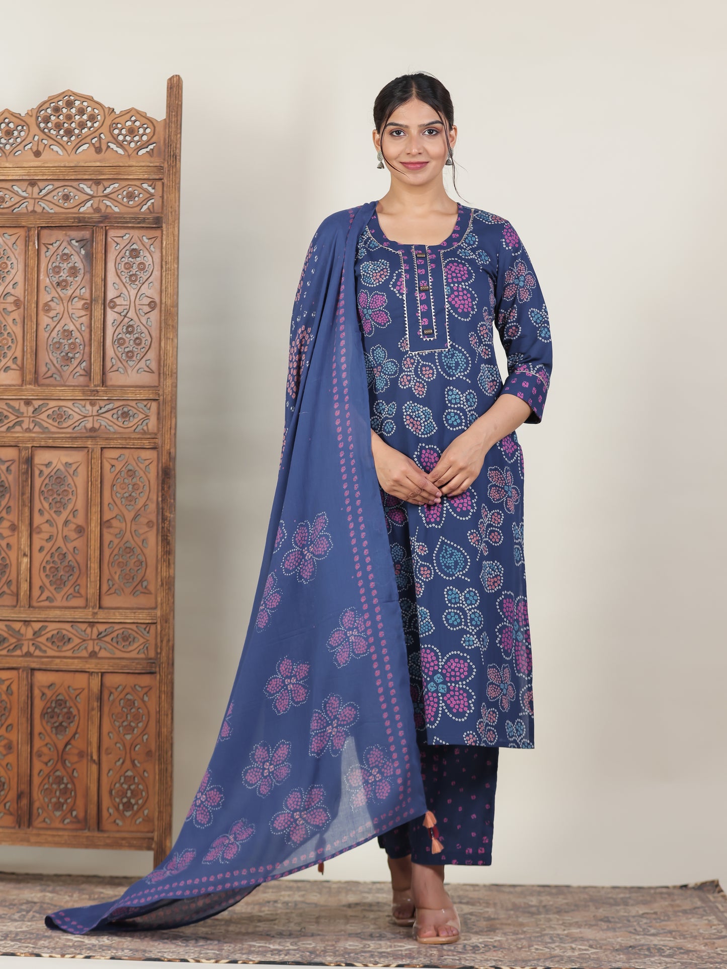 Soft Cotton Bandhani Straight Blue Kurta