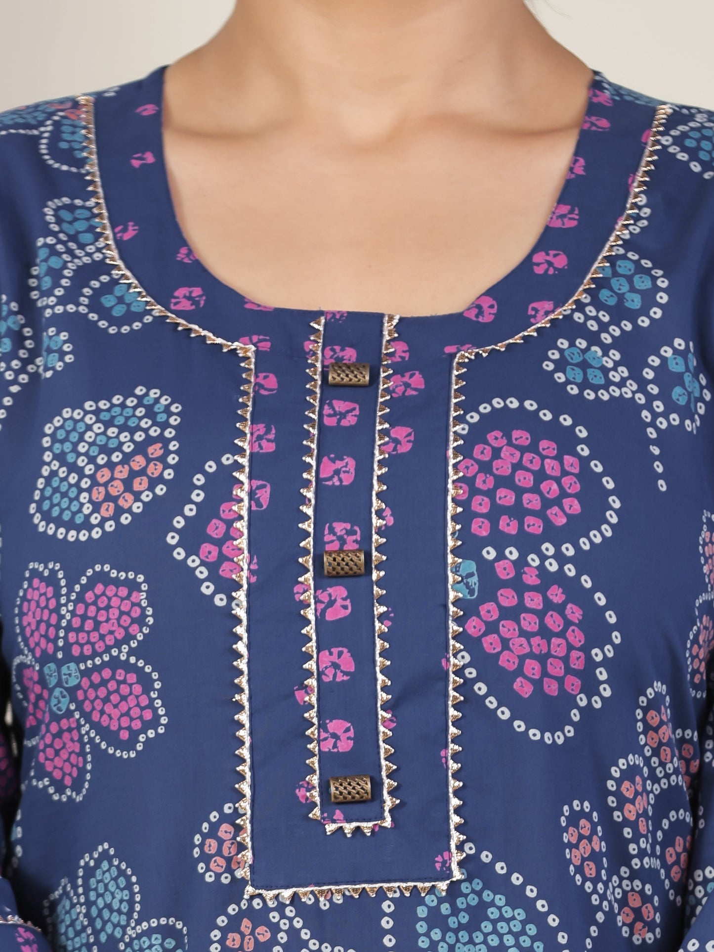 Soft Cotton Bandhani Straight Blue Kurta