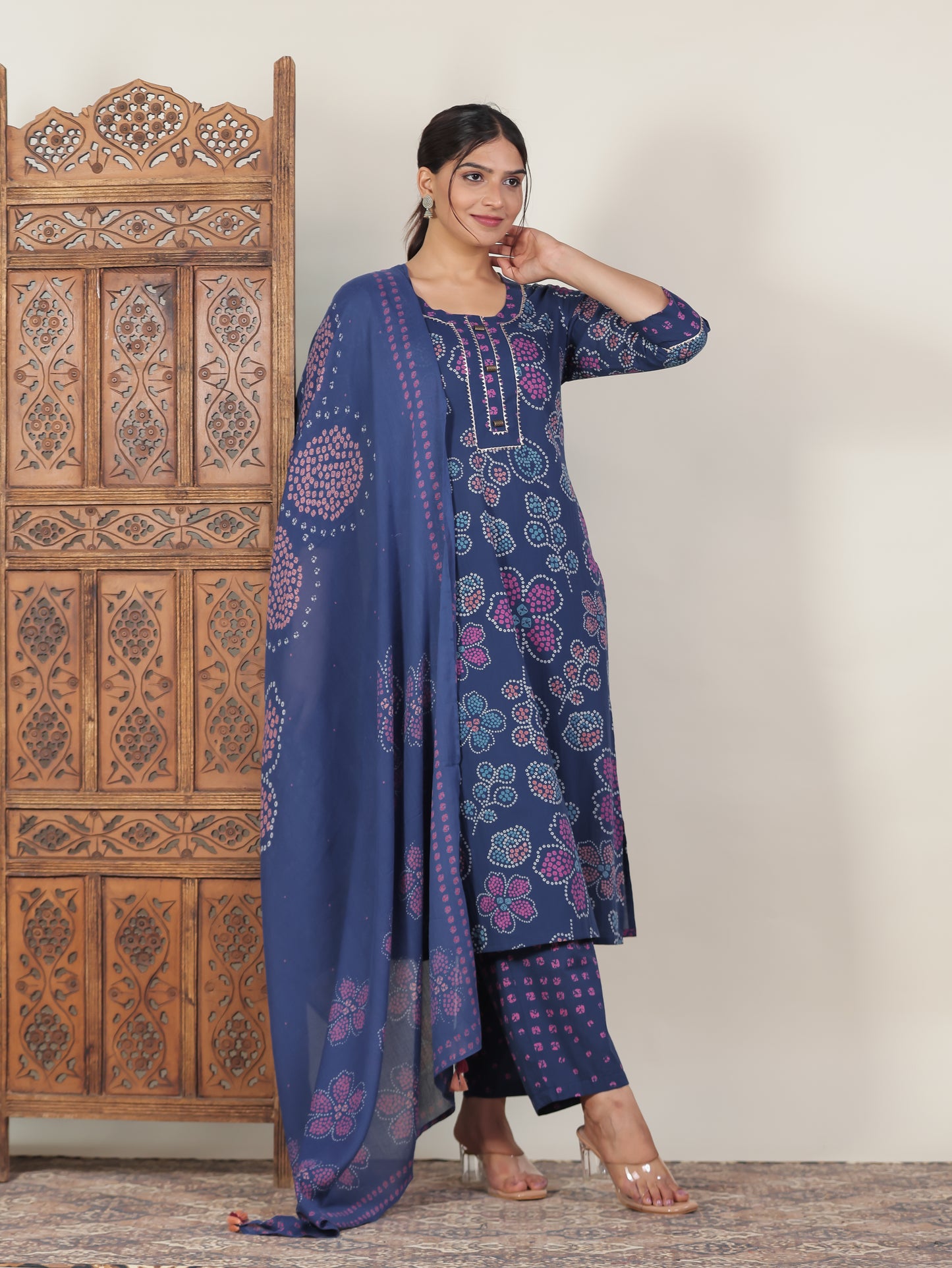 Soft Cotton Bandhani Straight Blue Kurta