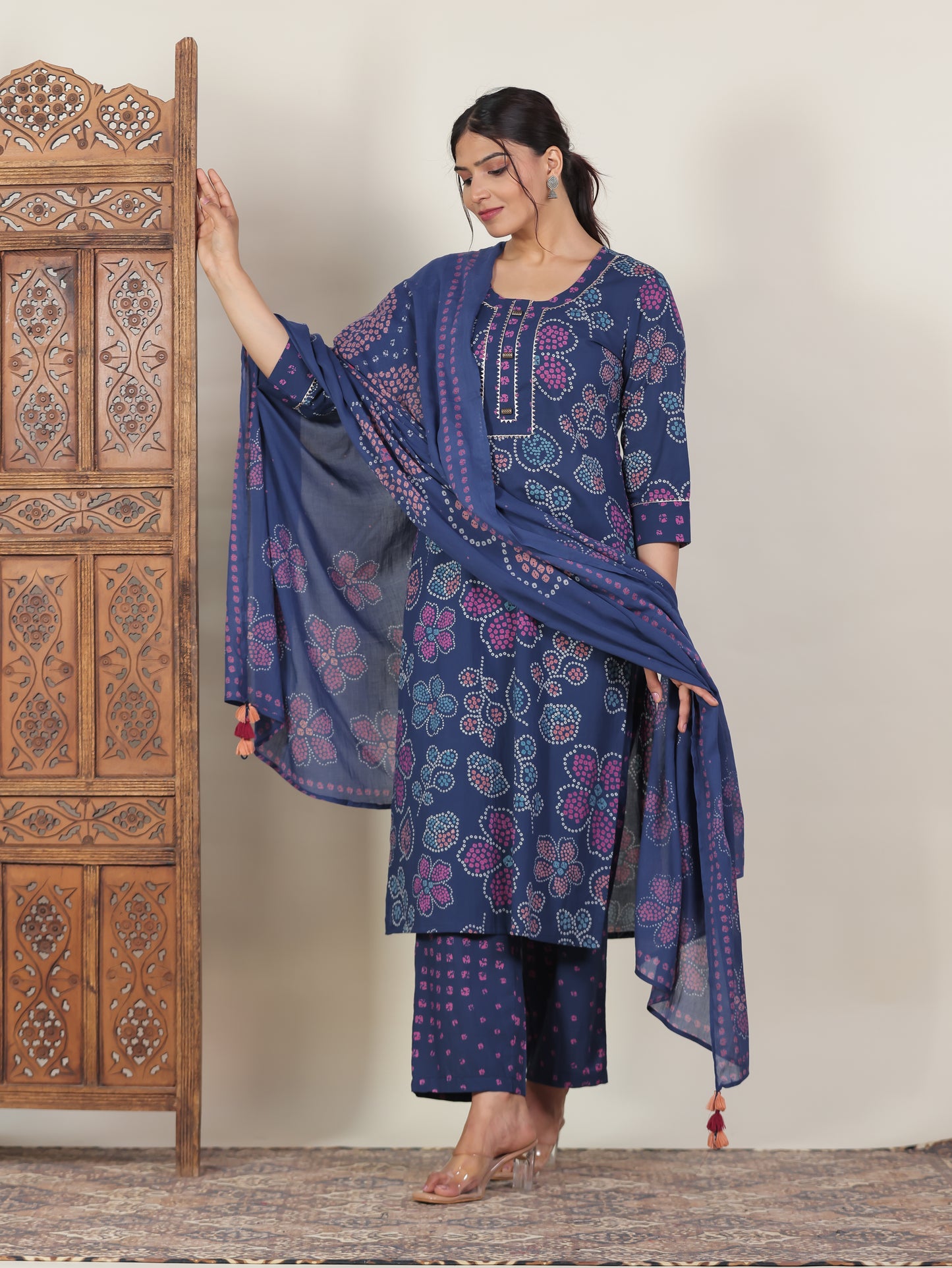 Soft Cotton Bandhani Straight Blue Kurta