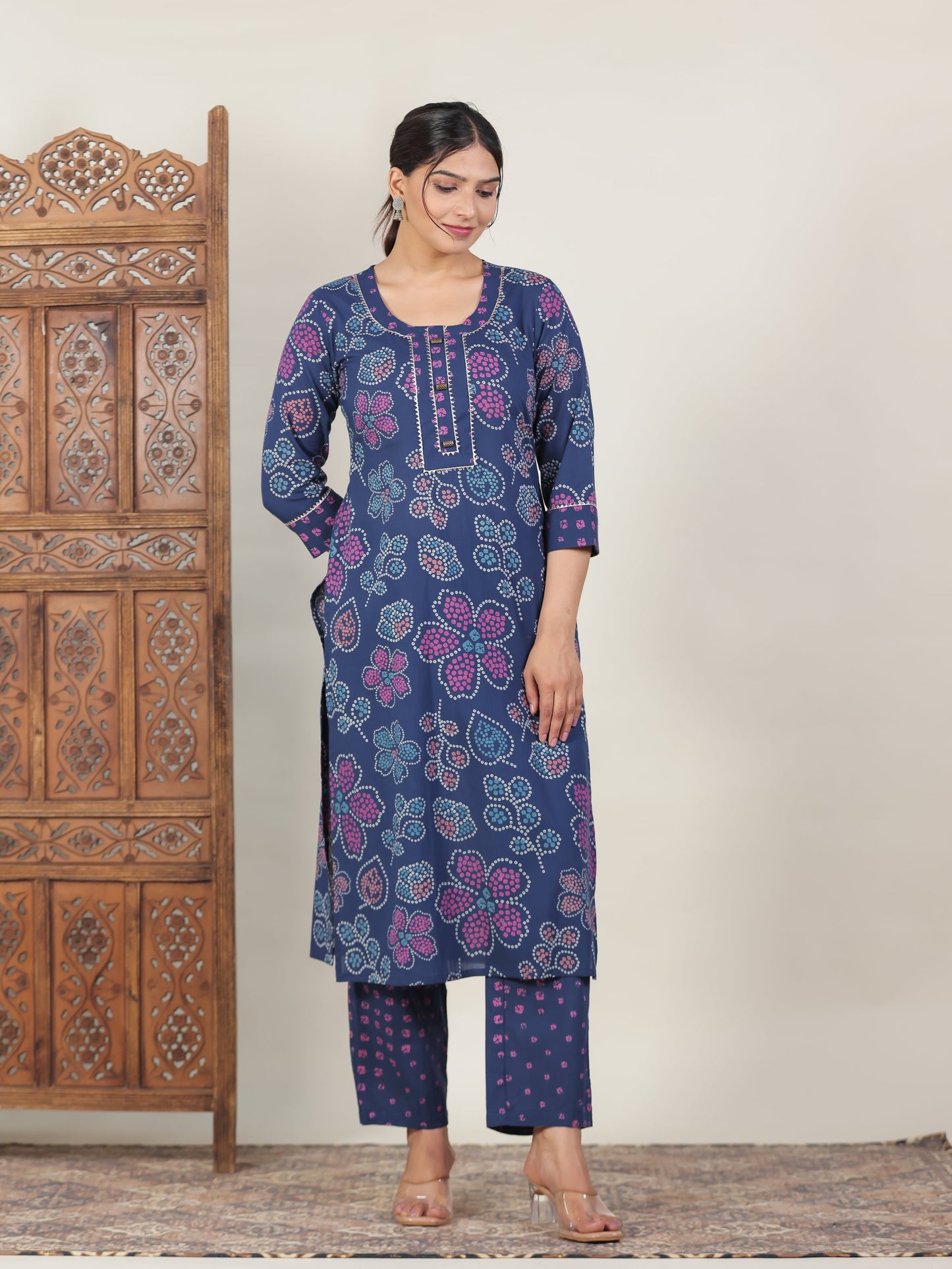 Soft Cotton Bandhani Straight Blue Kurta