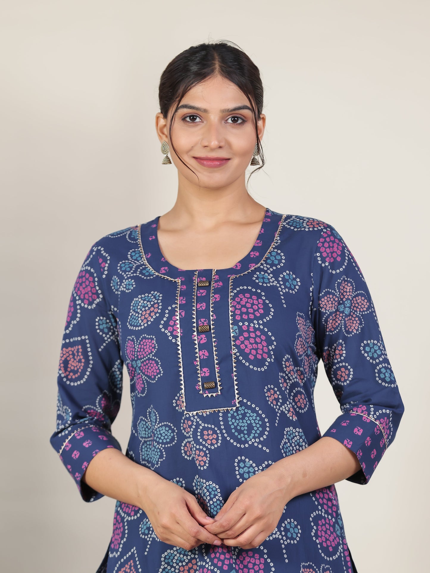 Soft Cotton Bandhani Straight Blue Kurta