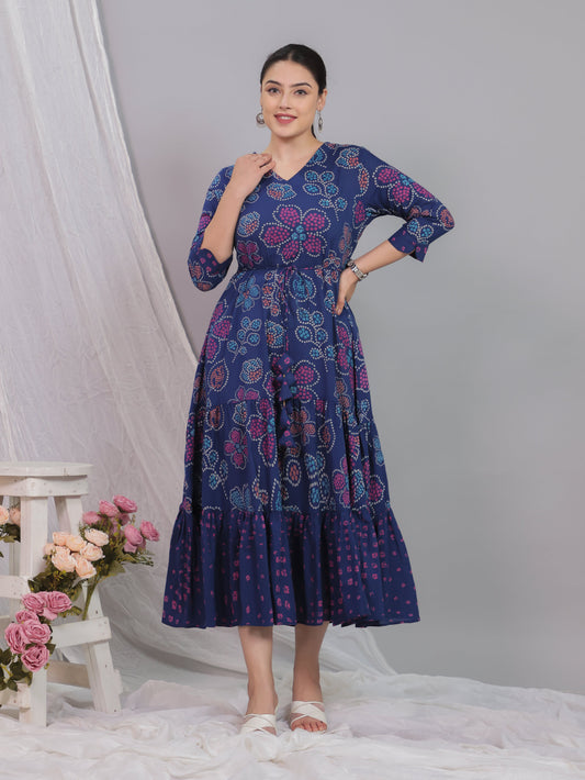 Soft Cotton Bandhani Anarkali Blue Dress