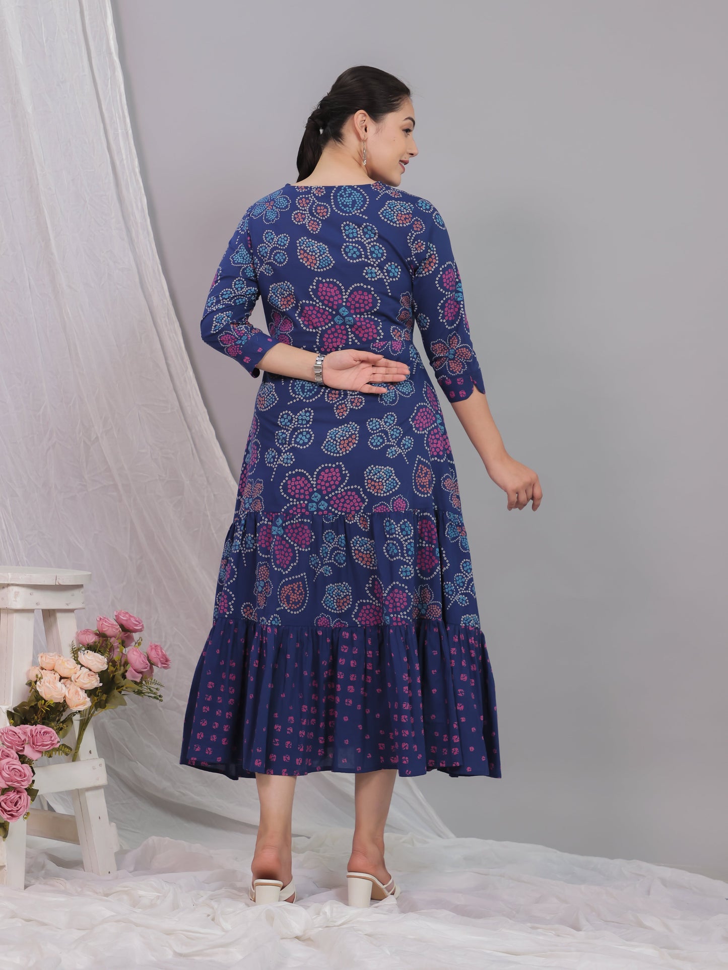 Soft Cotton Bandhani Anarkali Blue Dress
