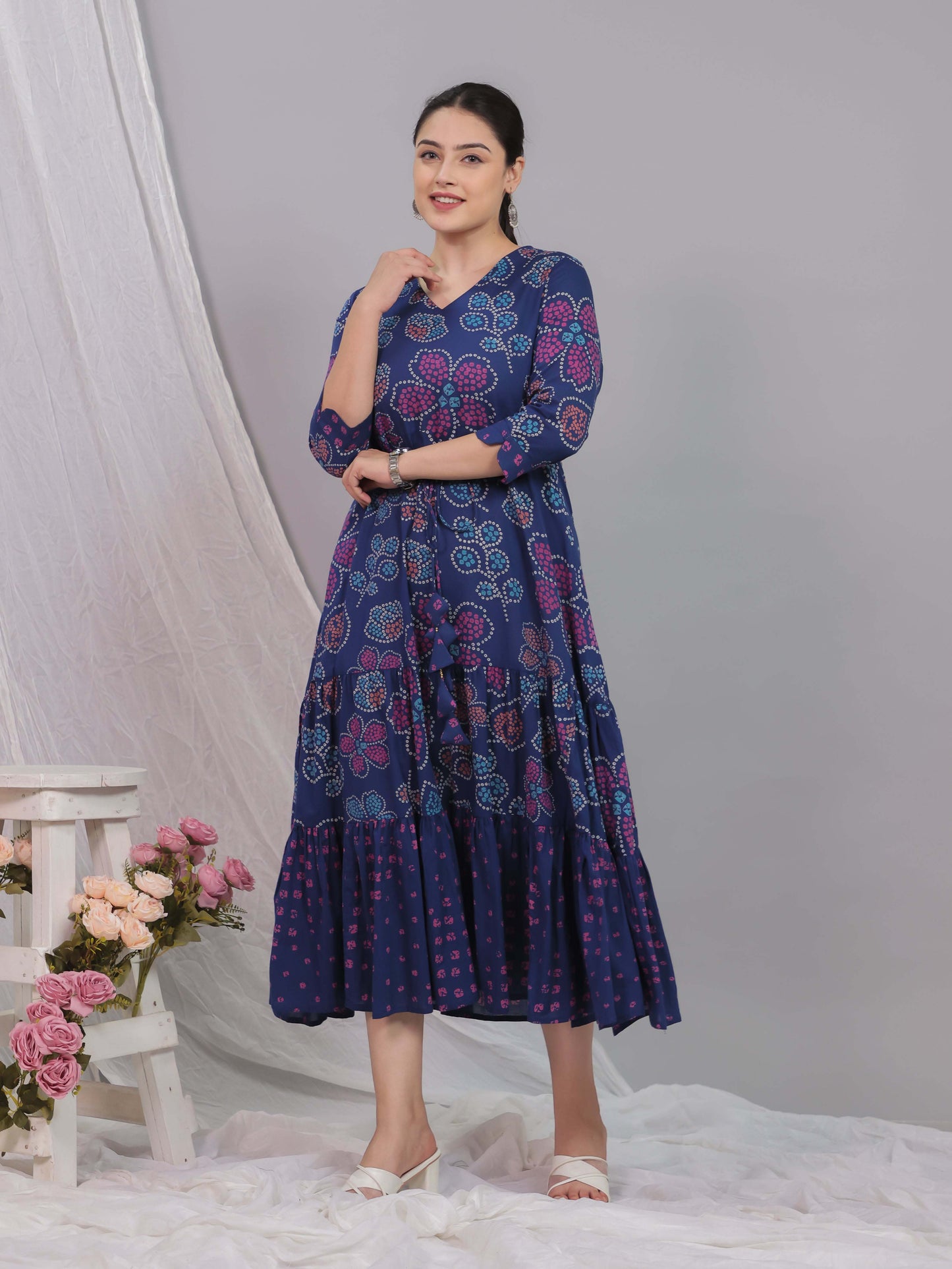 Soft Cotton Bandhani Anarkali Blue Dress