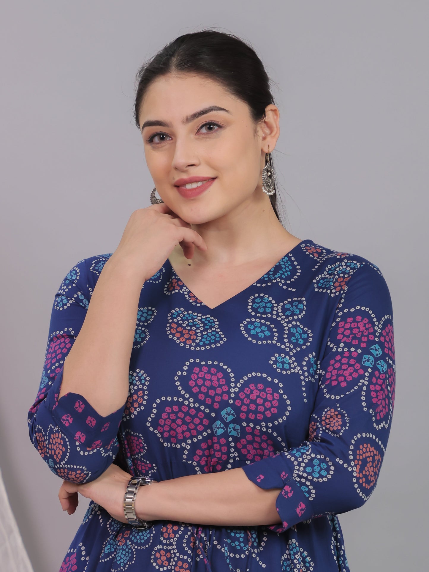 Soft Cotton Bandhani Anarkali Blue Dress