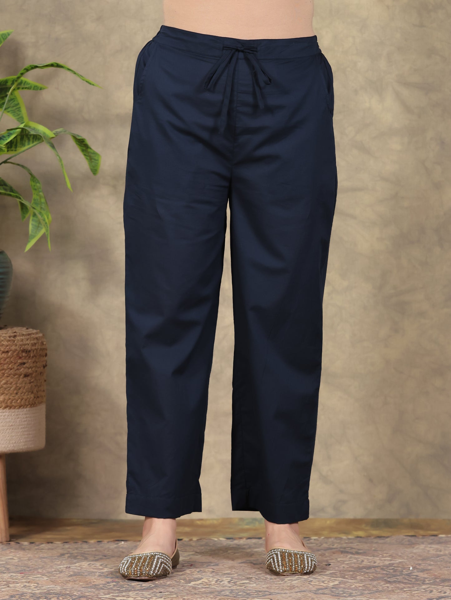 Soft Cotton Solid Navy Blue Straight Trousers