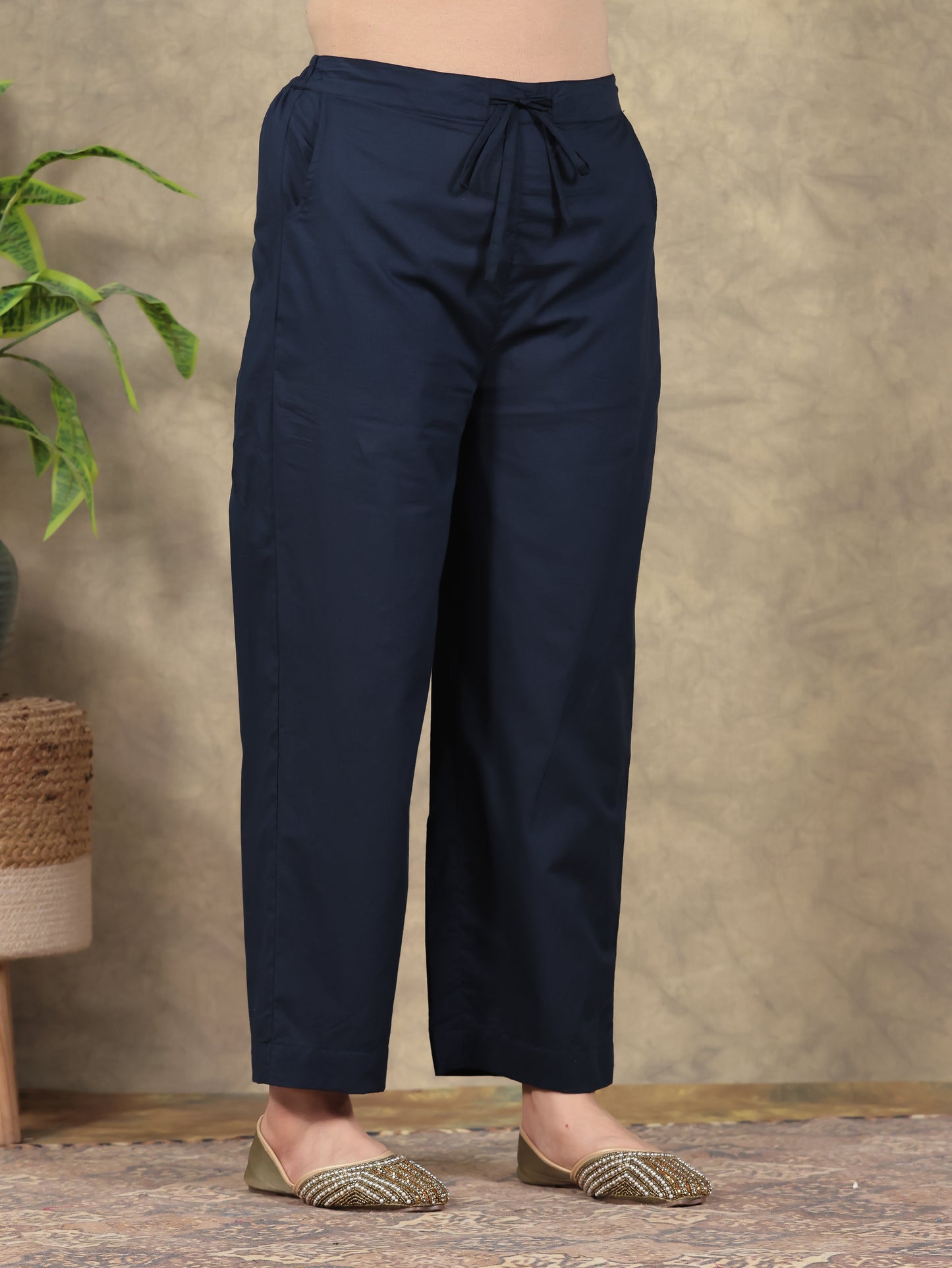 Soft Cotton Solid Navy Blue Straight Trousers