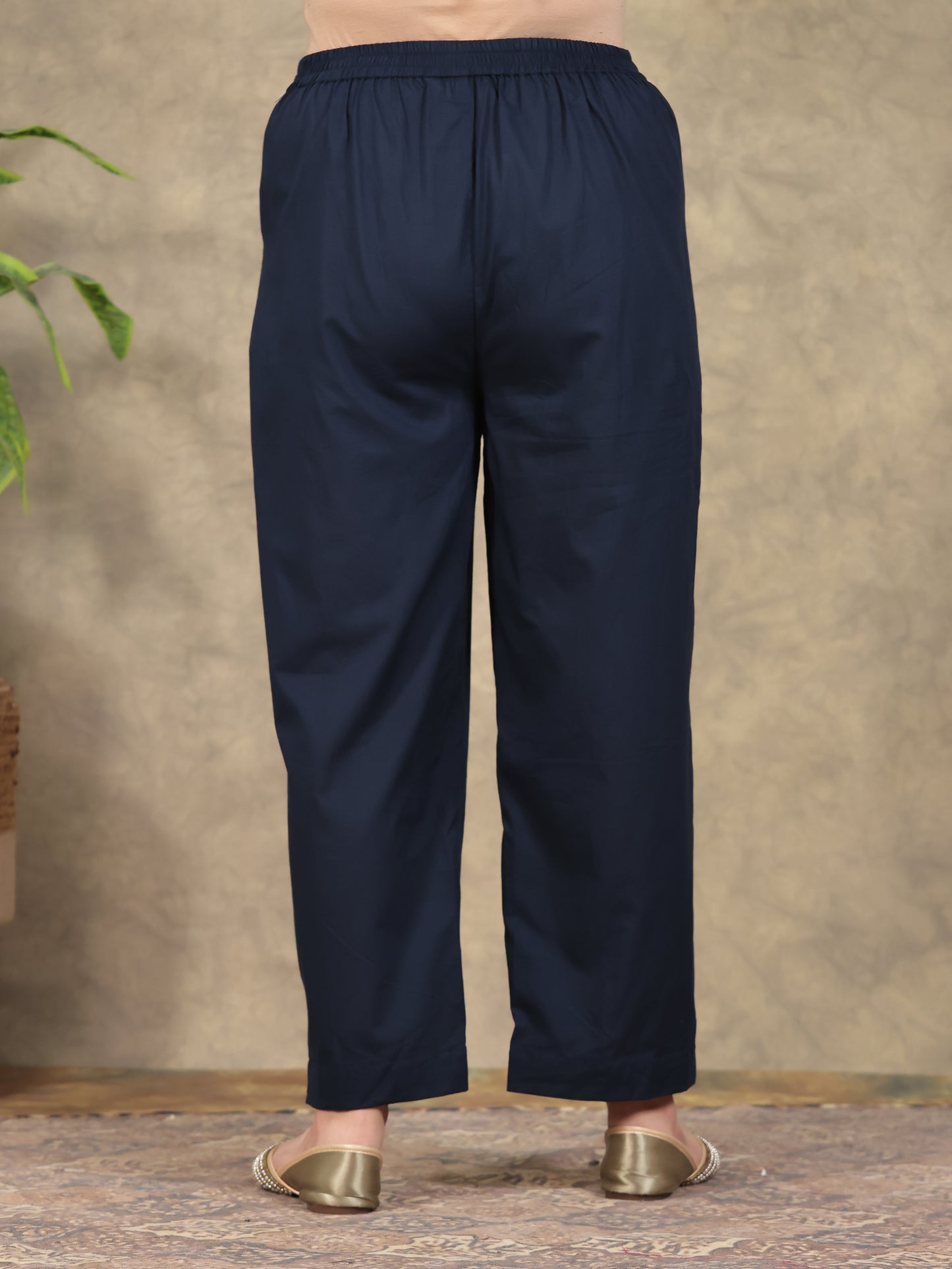 Soft Cotton Solid Navy Blue Straight Trousers