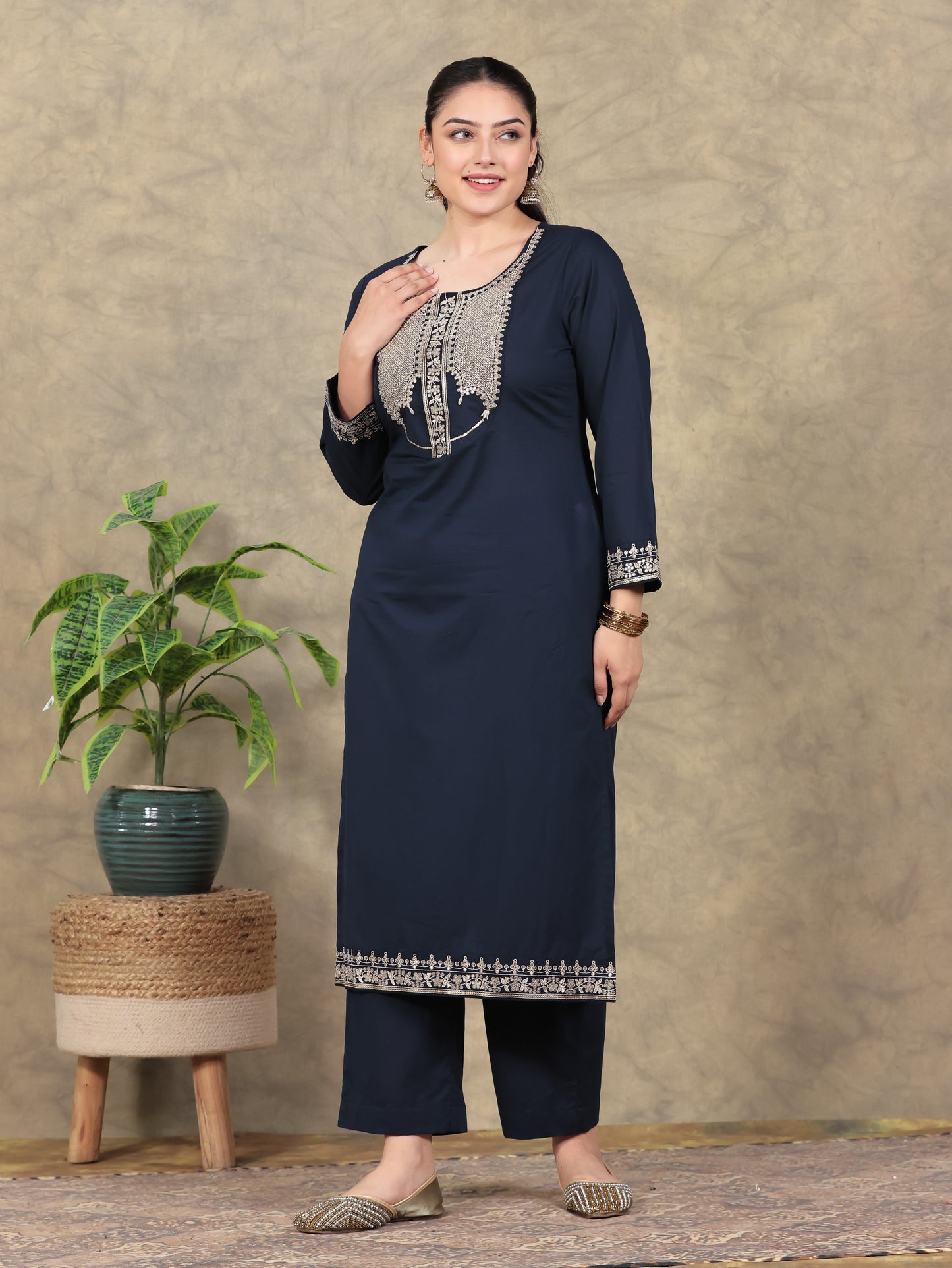 Embroidered Soft Cotton Solid Straight Navy Blue Kurta