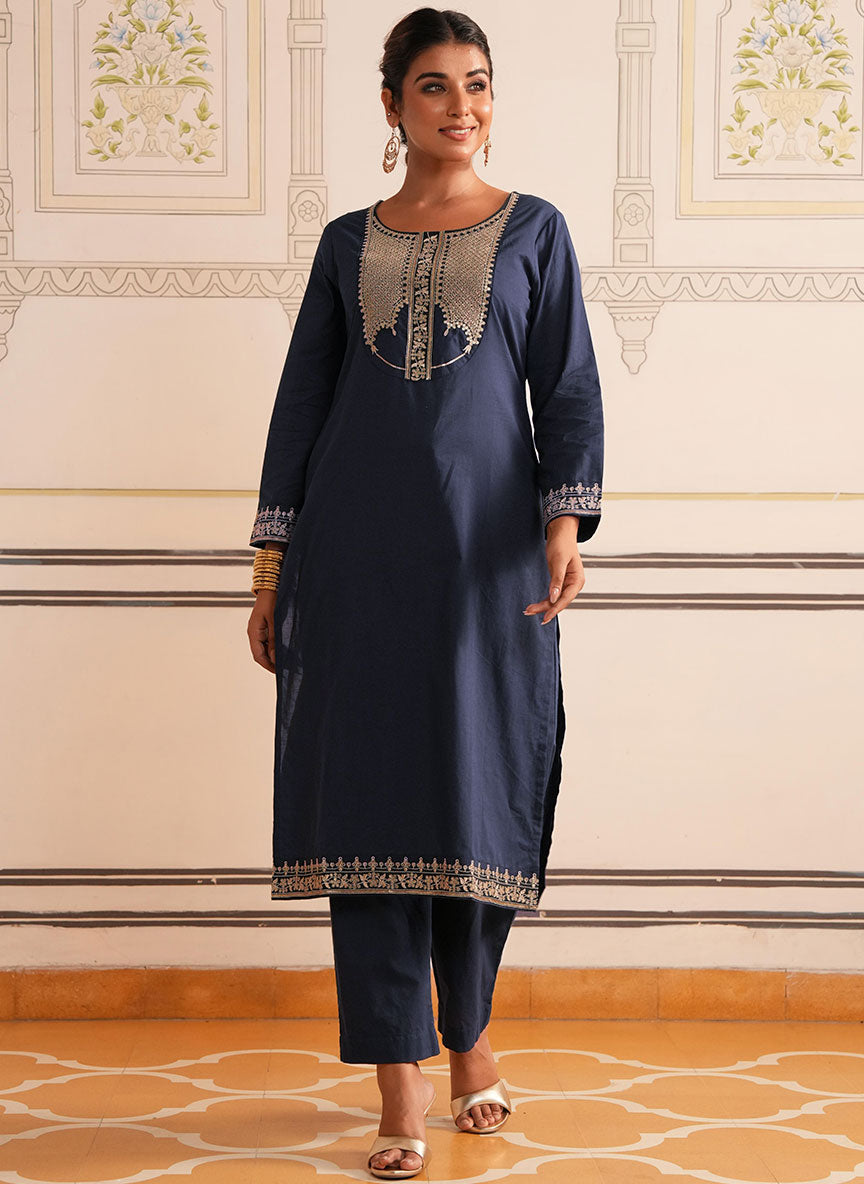 Embroidered Soft Cotton Solid Straight Navy Blue Kurta